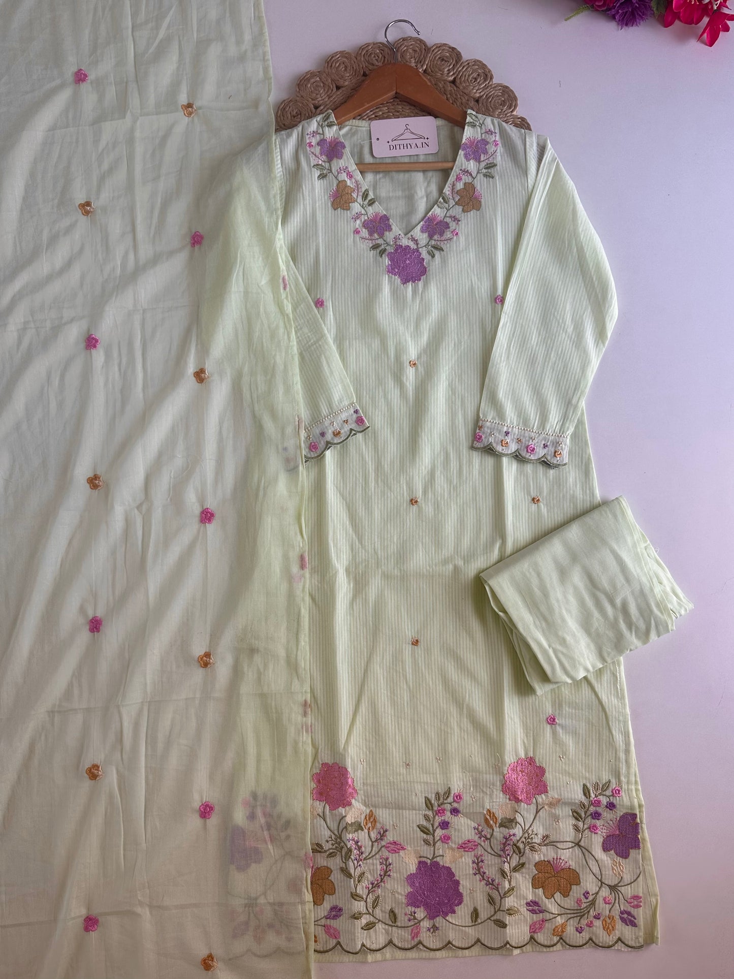 K526 - Mul cotton embroidered straight Kurti with pants and dupatta