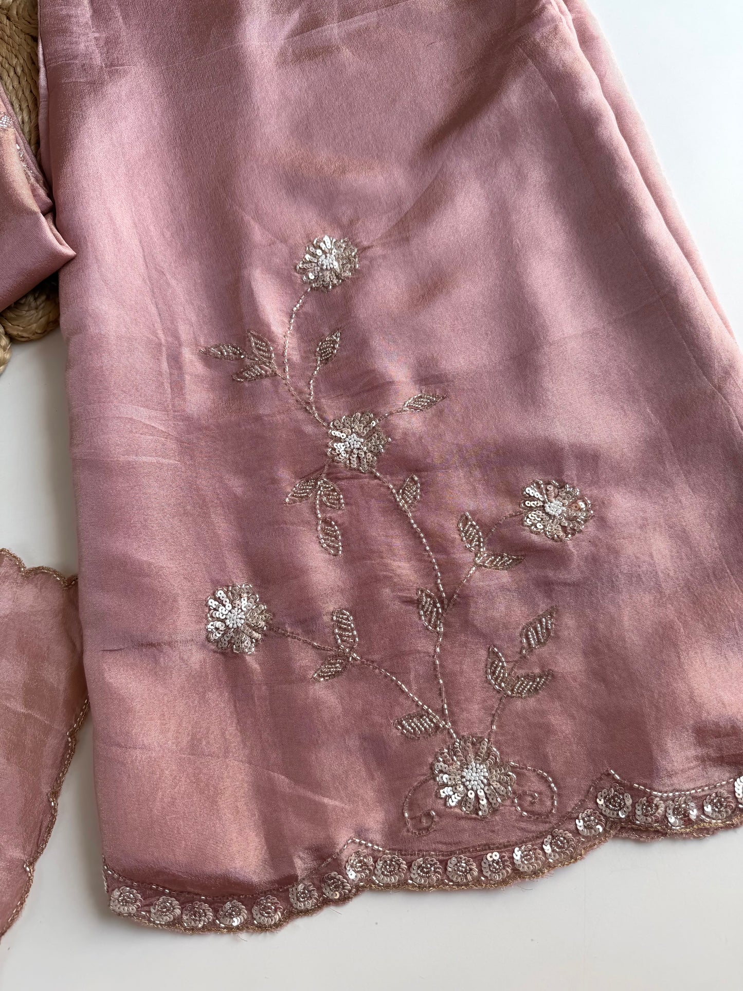 K203 - Tissue silk handwork short Kurti with divider pants and dupatta