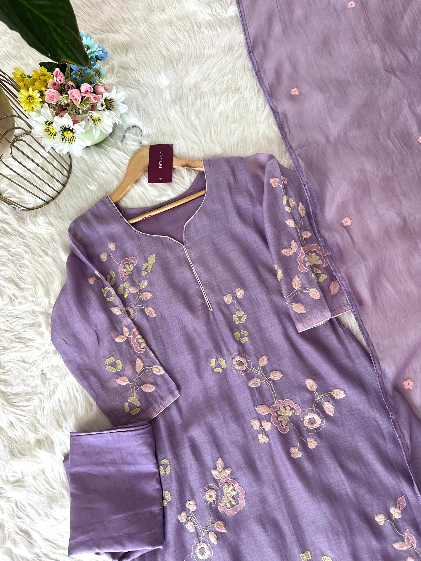K337 - Mul Chanderi Appliqué work Anarkali with pants and dupatta