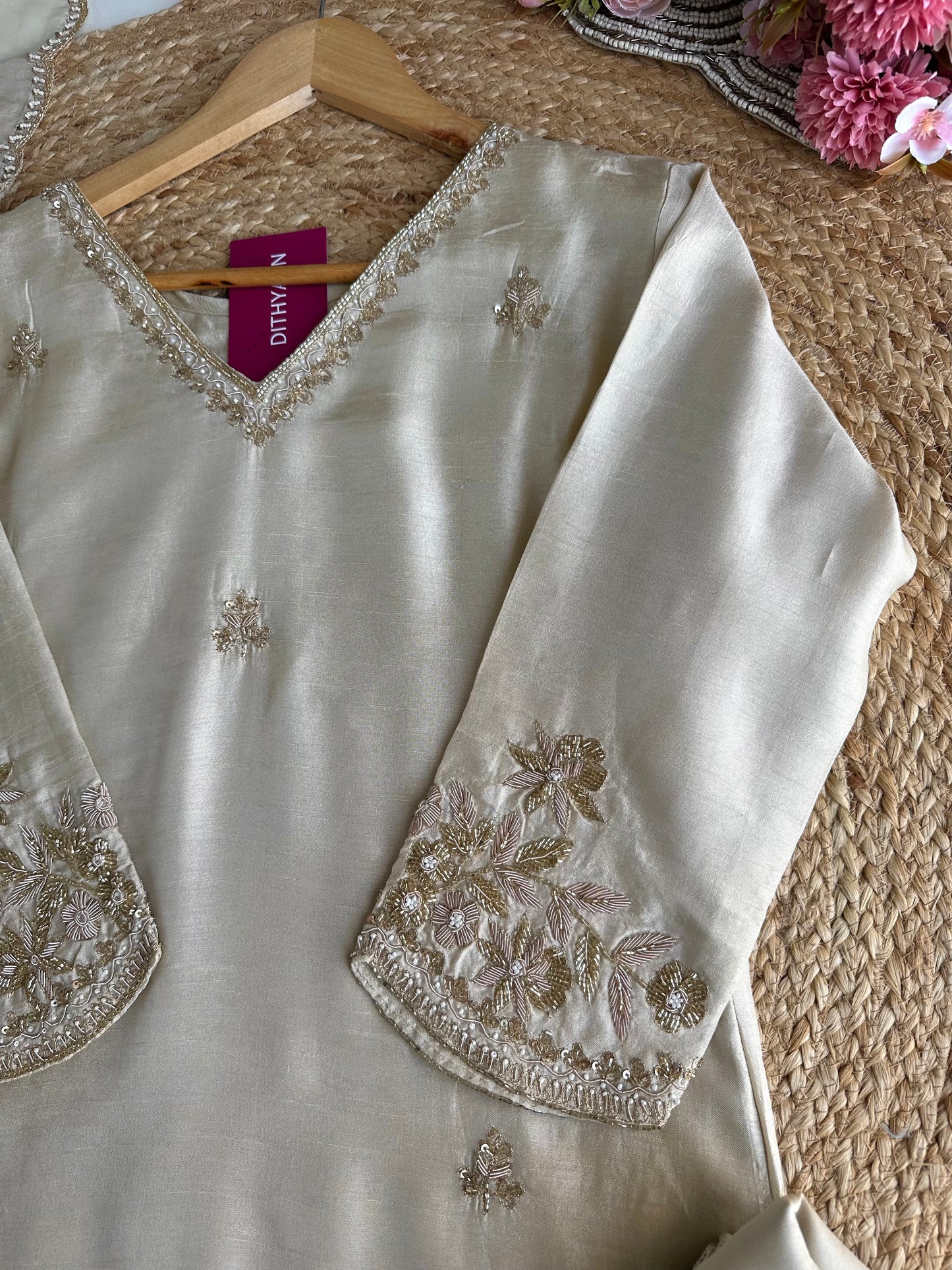 K415 - Russian silk handwork straight Kurti with pants and dupatta