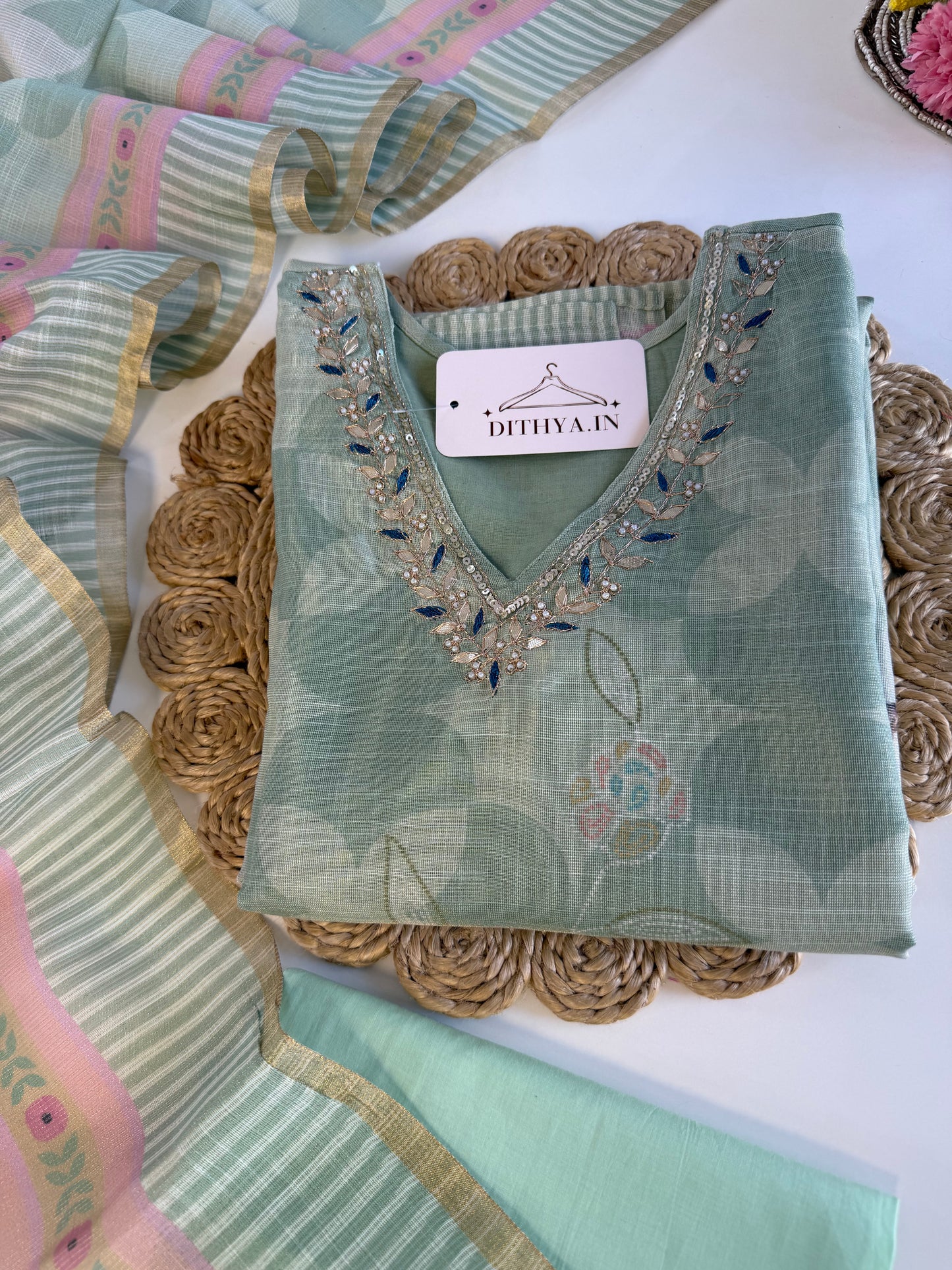 K619 - Linen cotton straight Kurti with pants and dupatta