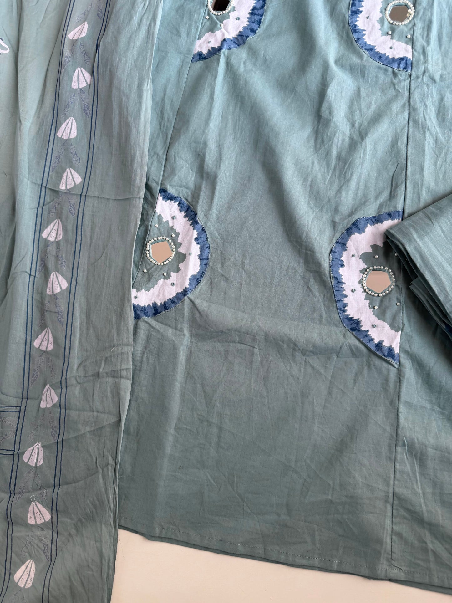 K543 - Mul cotton embroidered Aline   Kurti with pants and dupatta