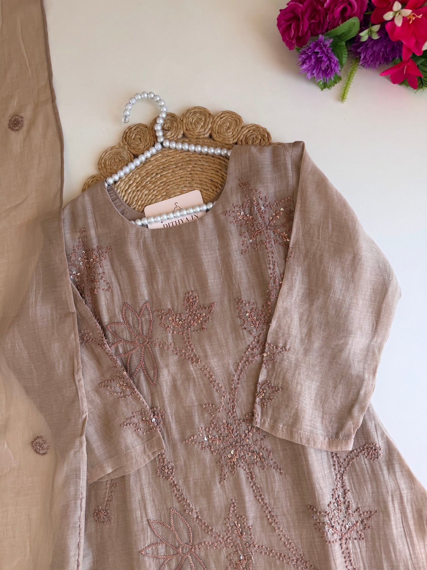 K056 - Mul chanderi French knot embroidered Aline Kurti with pants and dupatta in 2 colours