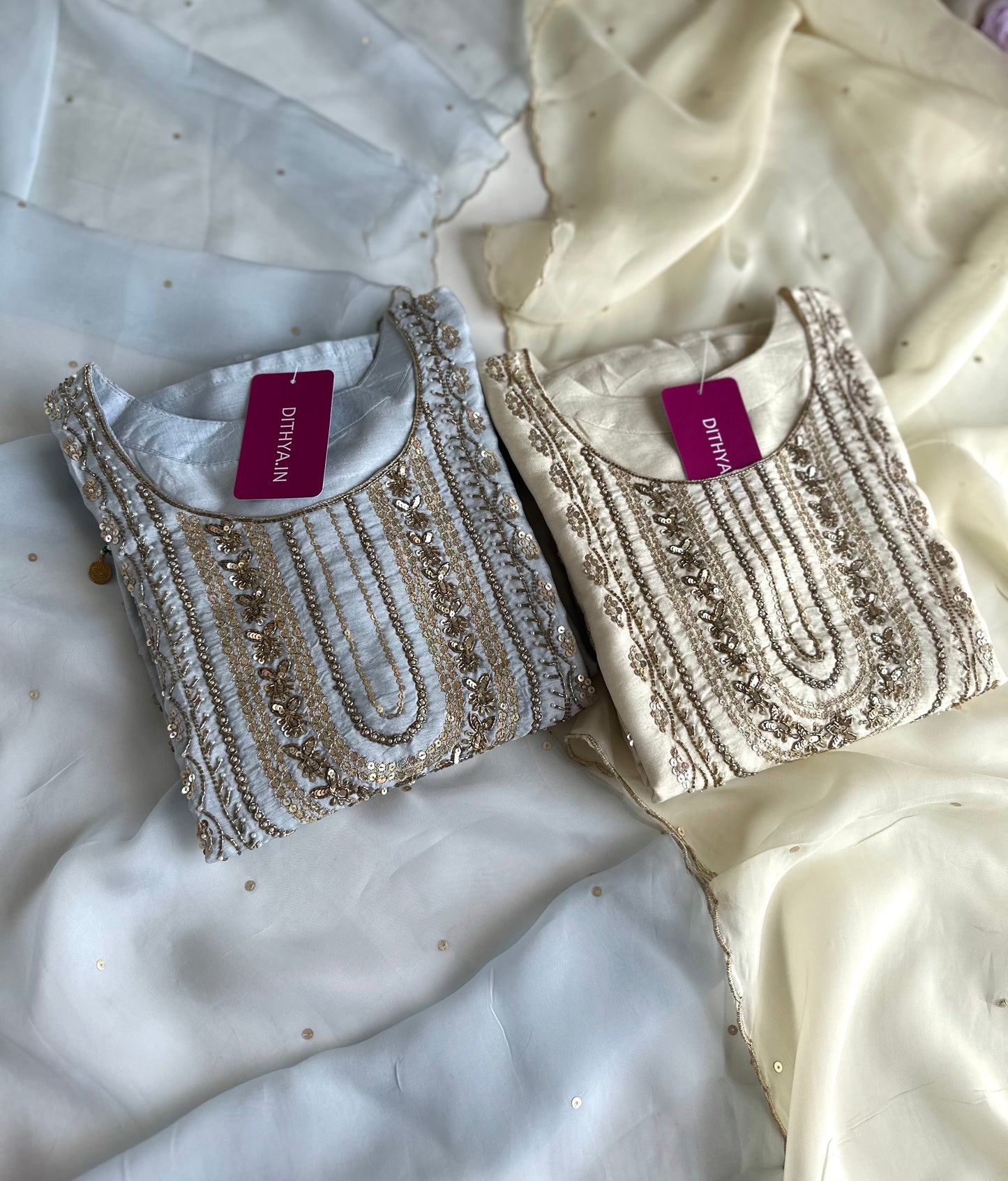K188 - Russian silk handwork straight Kurti with pants and dupatta in 2 colours