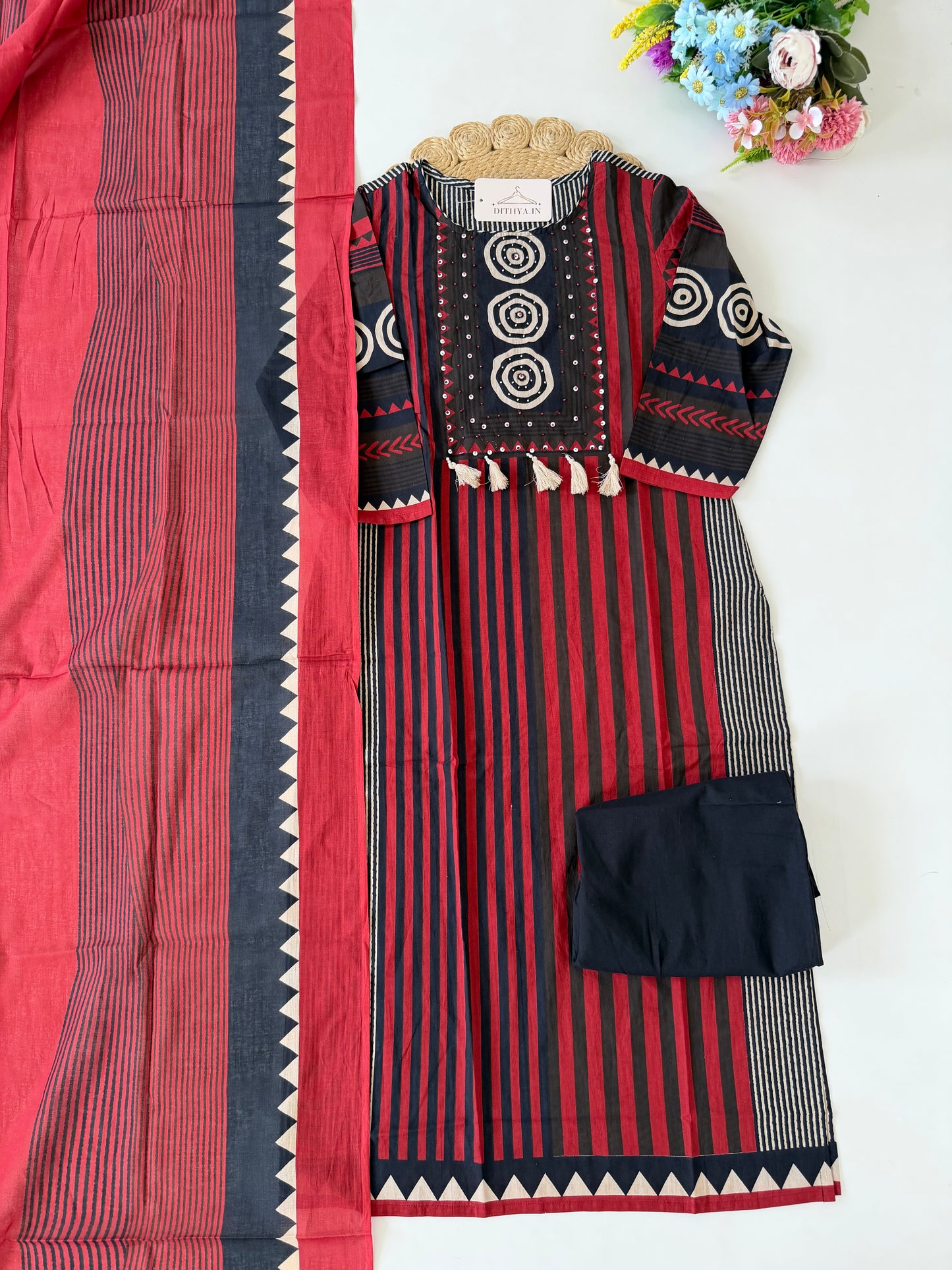 K032 - Mul cotton embroidered straight Kurti with pants and dupatta