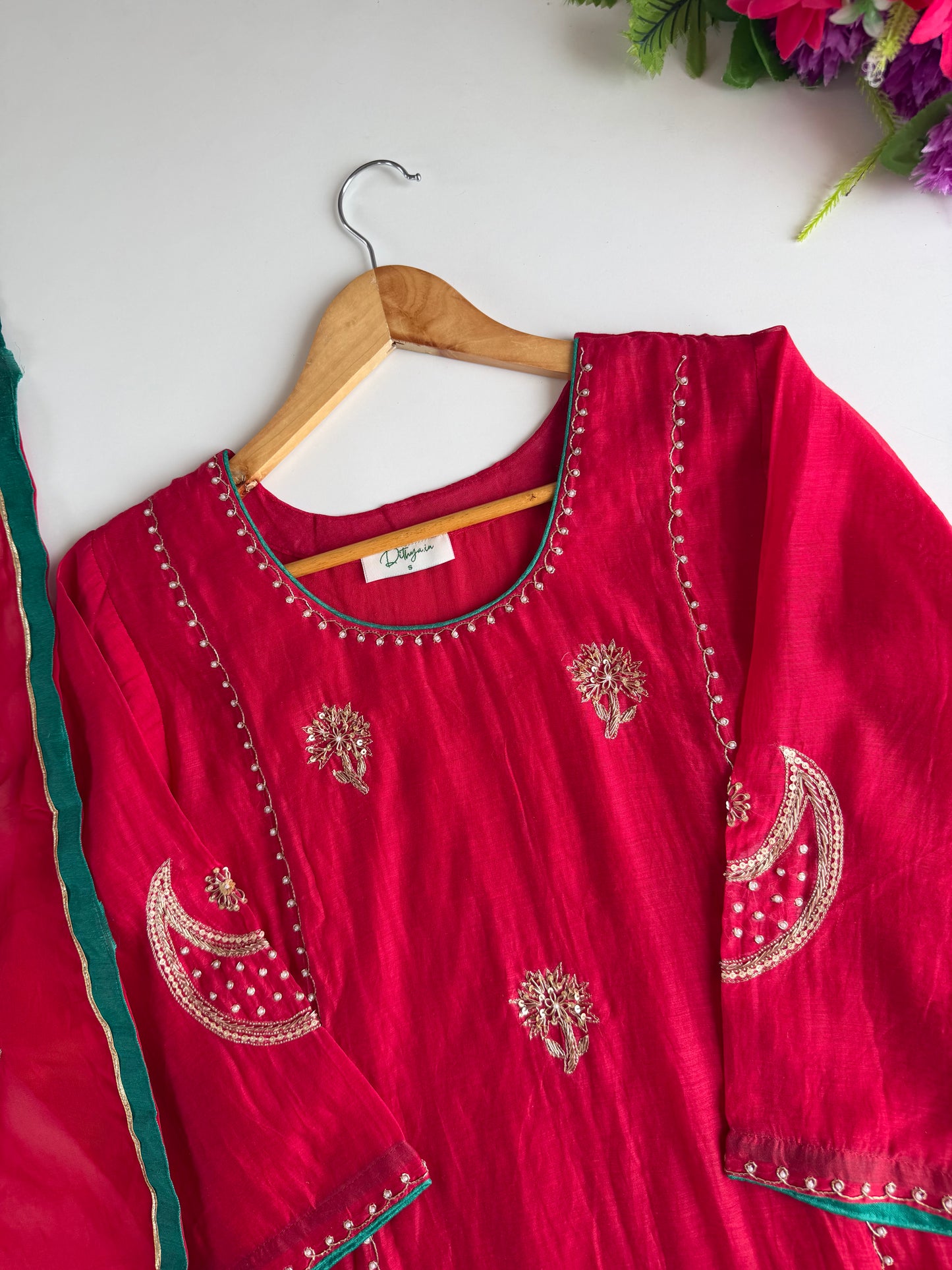 K050 - Mul chanderi handwork aline Kurti with pants and dupatta