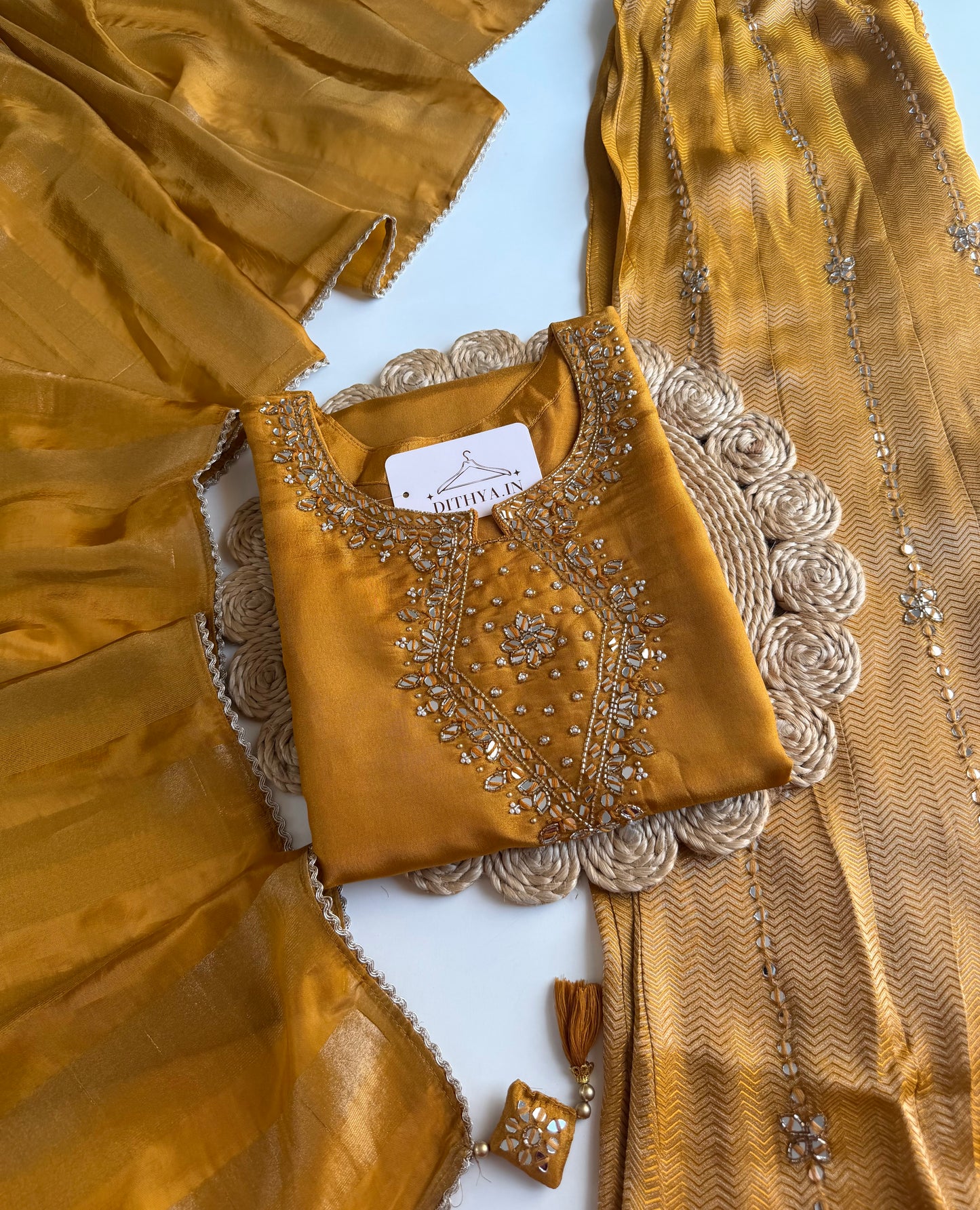 K553 - Tissue silk handwork short Kurti with divider pants and dupatta