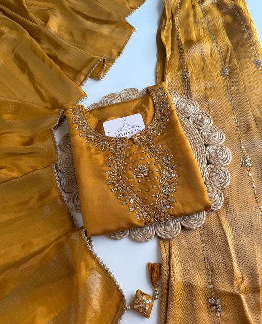 K553 - Tissue silk handwork short Kurti with divider pants and dupatta