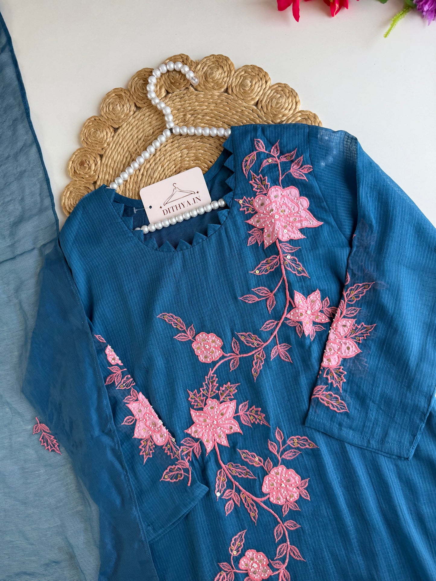 K390 - Kota doriya handwork appliqué Aline Kurti with pants and dupatta