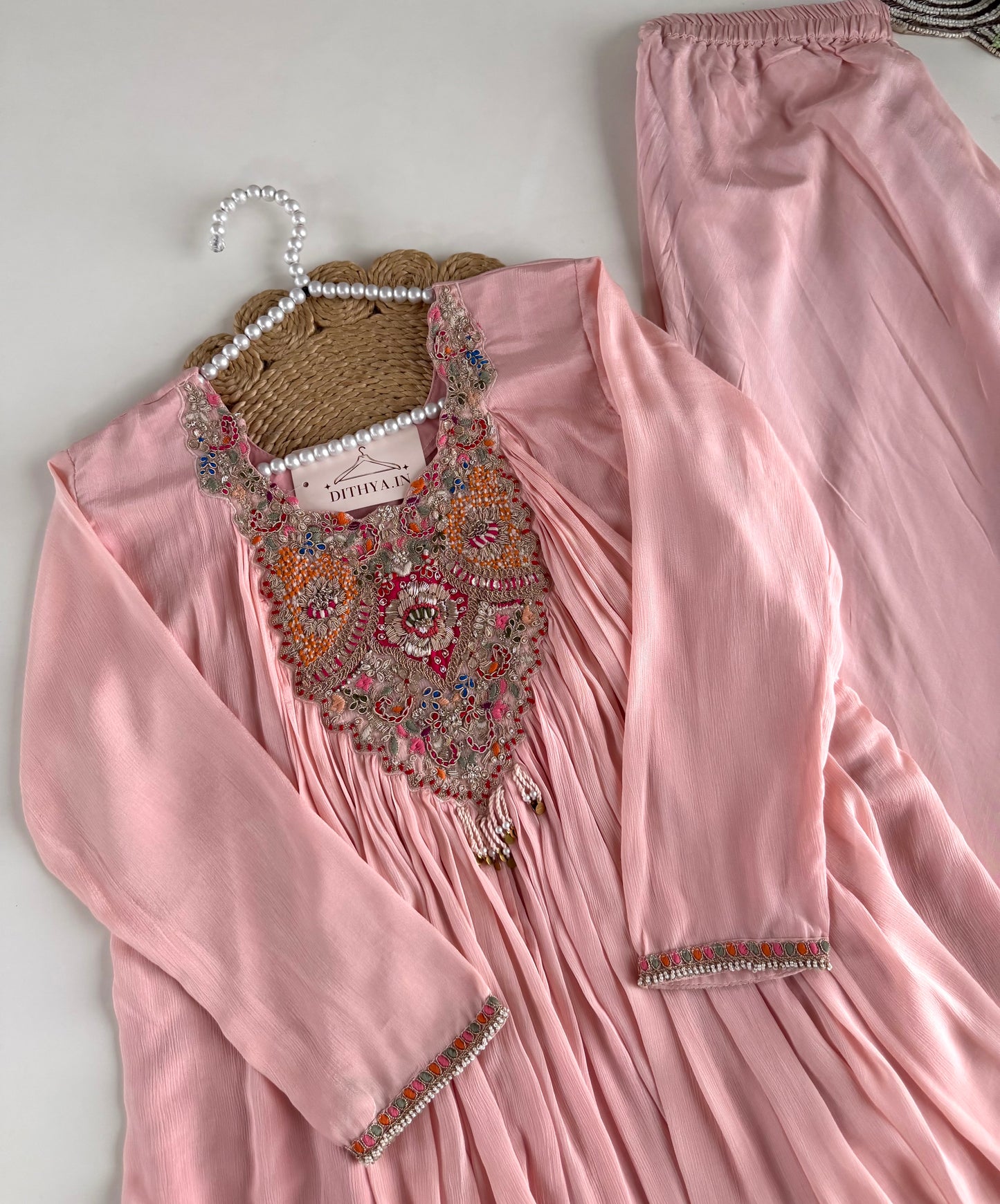 K547 - Chinnon handwork Peplum Kurti with divider pants