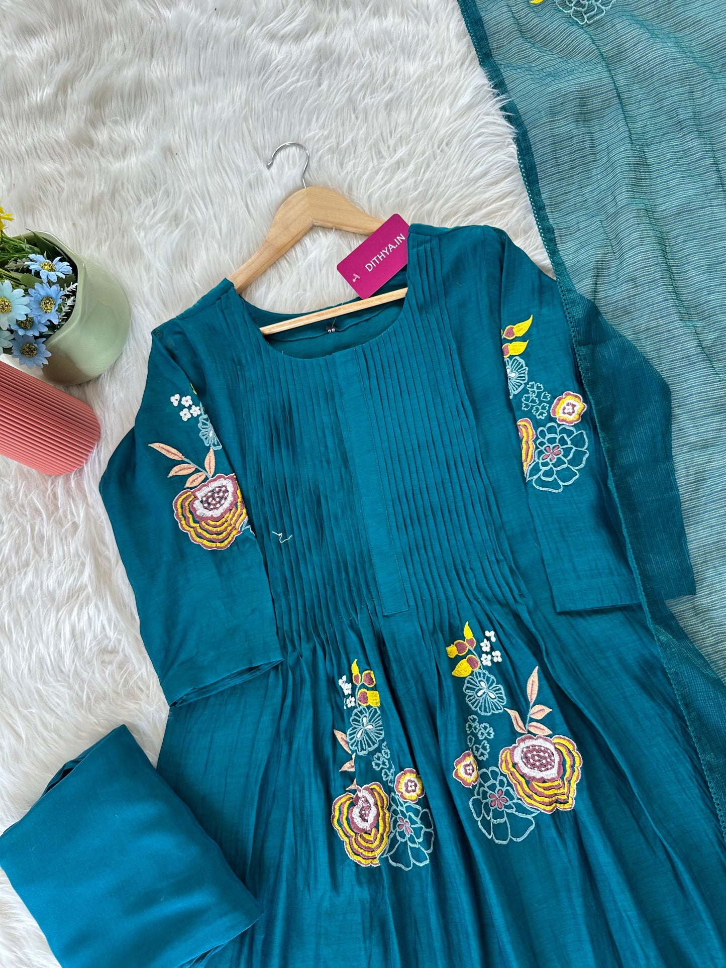 K294 - Mul Chanderi Appliqué work Aline Kurti with pants and dupatta in 2 colours