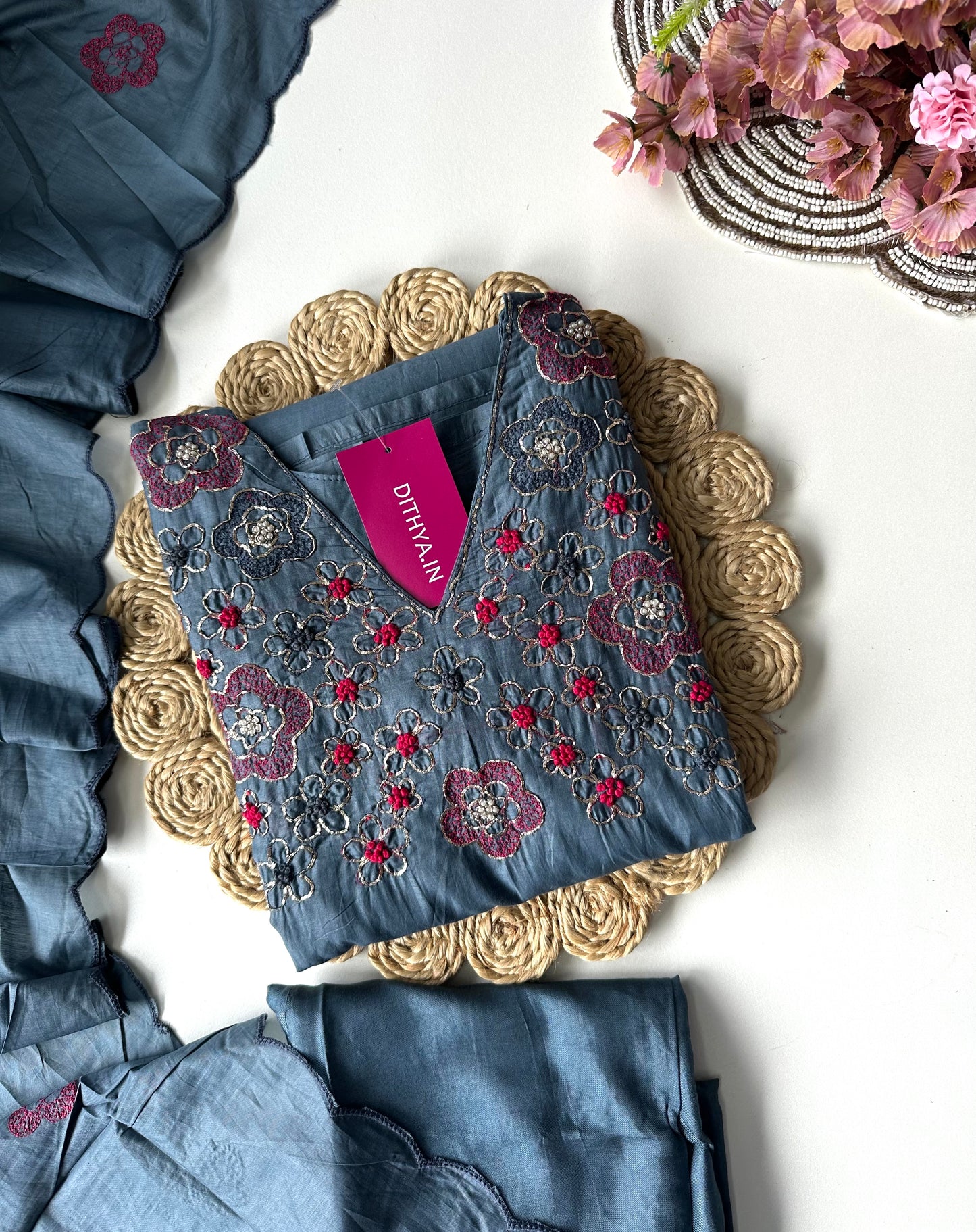 K375 -Mul Chanderi handwork Aline Kurti with pants and dupatta