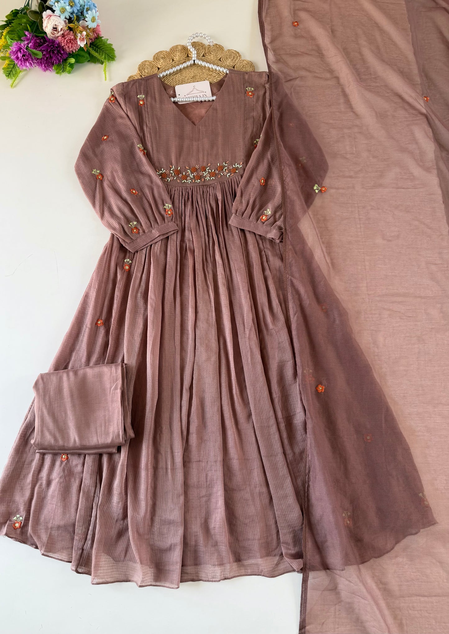 K425 - Kota doriya Embroidered Anarkali with pants and dupatta