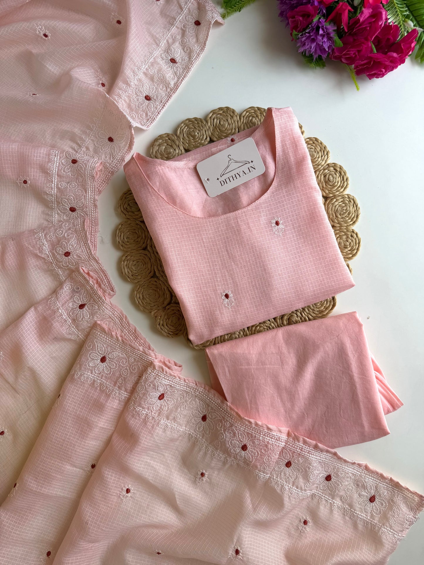 K545 - Kota doriya embroidered straight Kurti with pants and dupatta