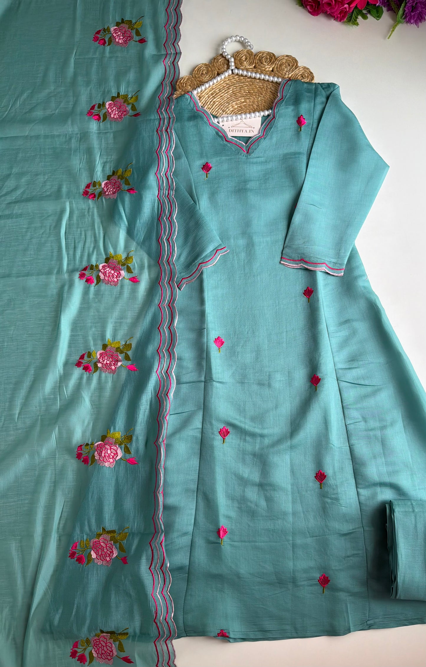 K721 - Surat mul chanderi embroidered Aline Kurti dupatta set