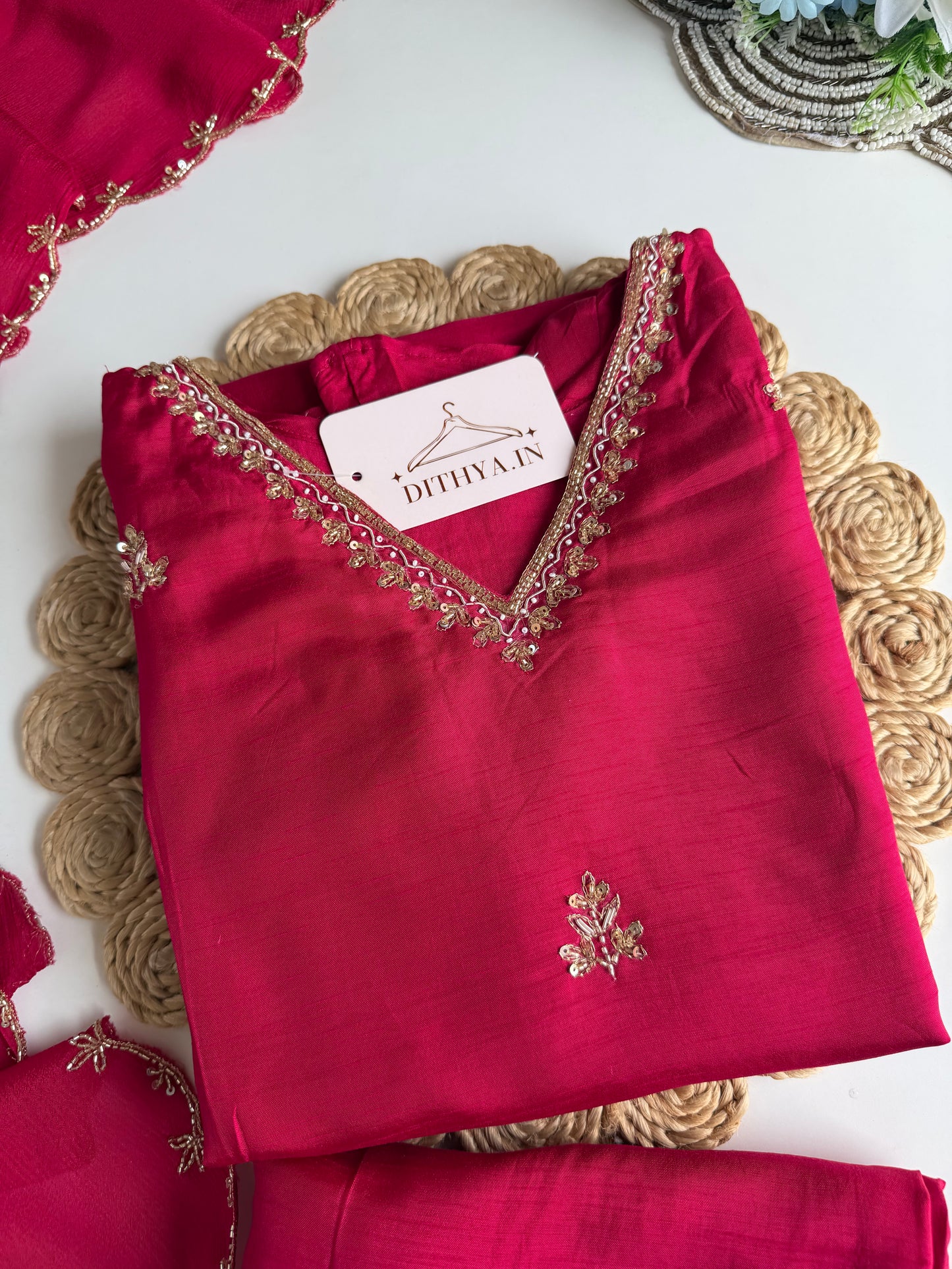 K126 - Russian silk handwork Aline Kurti with pants and dupatta in 2 colours