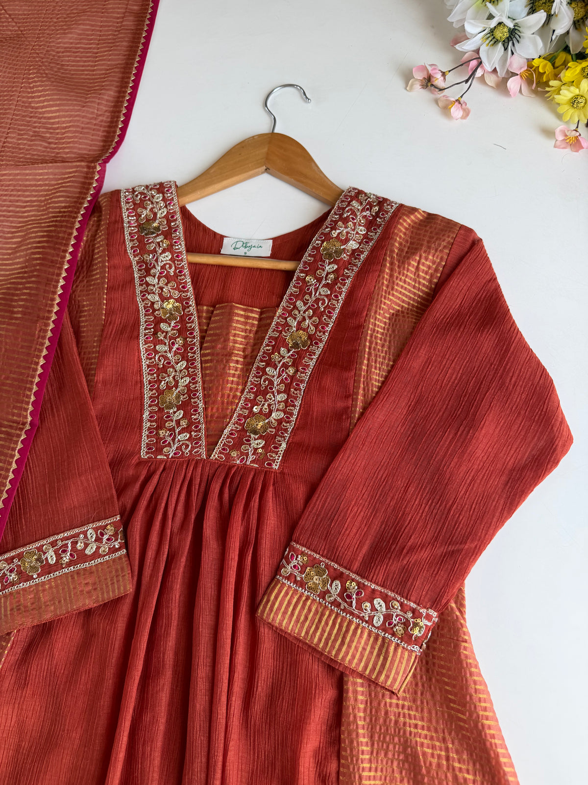 K339 - Crushed Surat Mul chanderi embroidered Anarkali with pants and dupatta