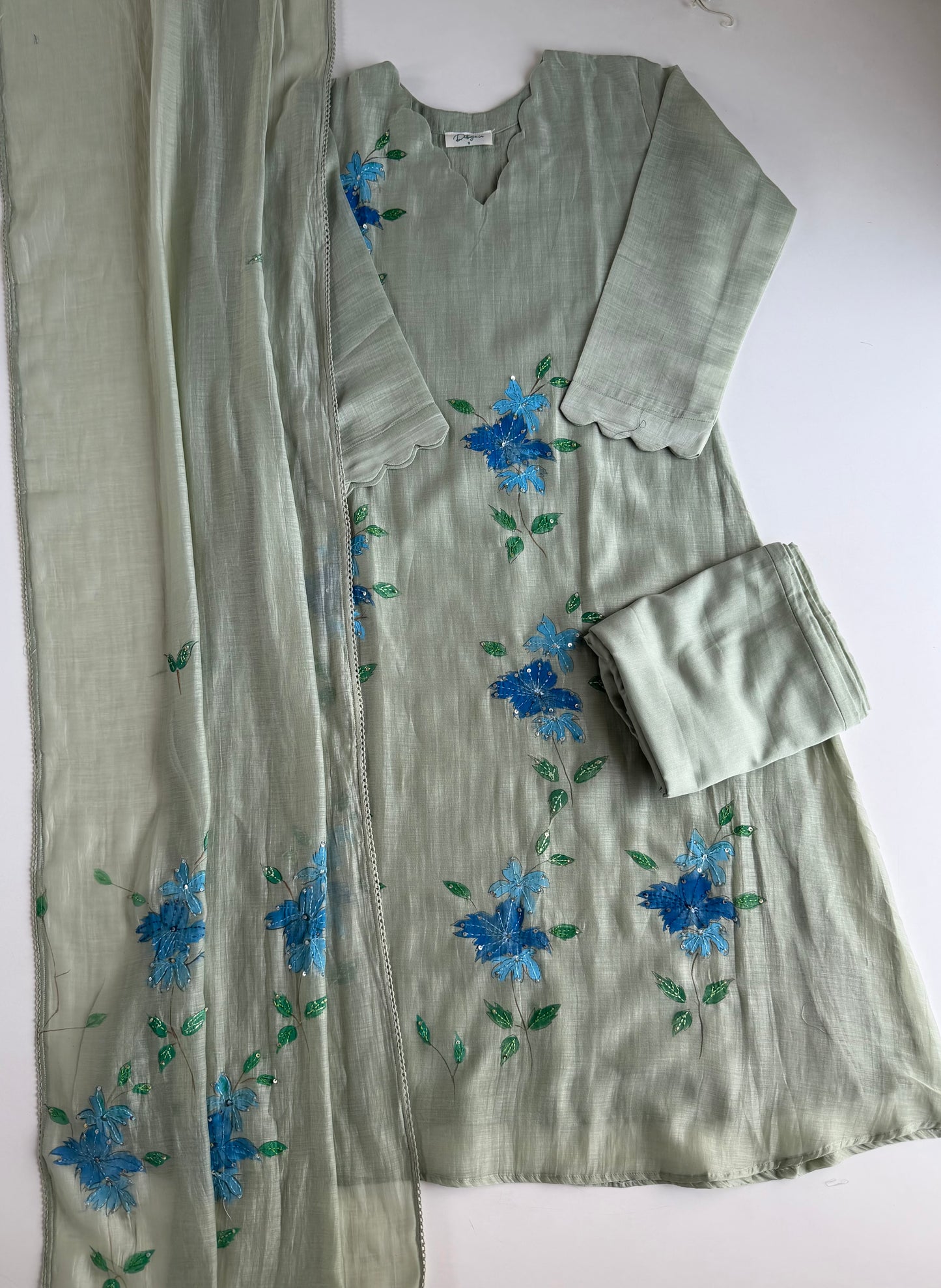 K355 - Mul Chanderi hand painted embroidered Aline Kurti with pants and dupatta in 3 colours