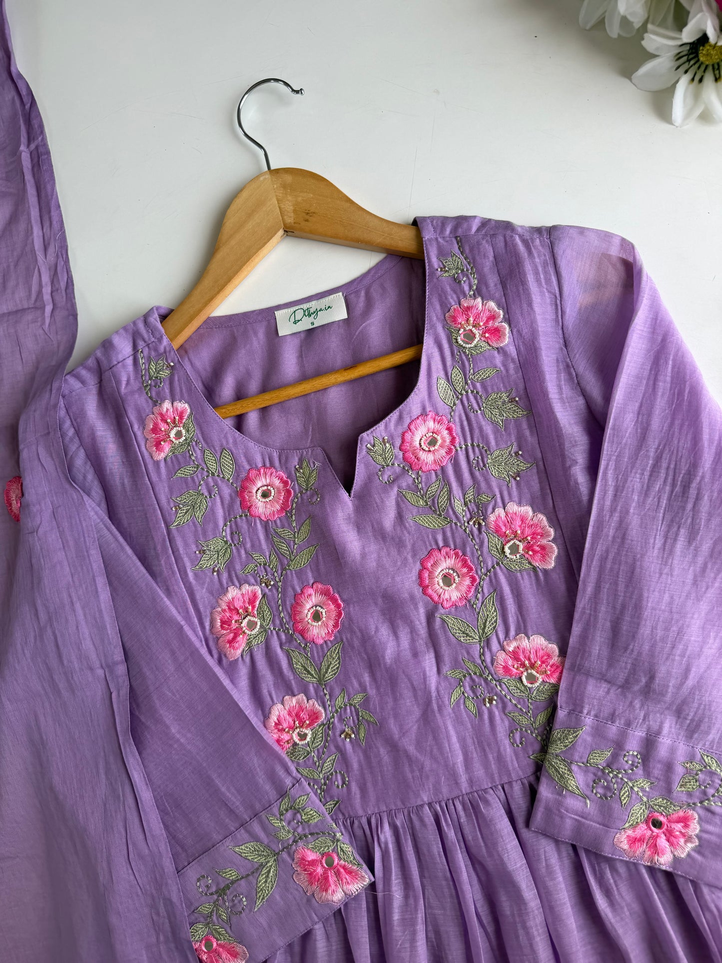 K237 - Mulmul cotton embroidered Anarkali with pants and dupatta in 2 colours