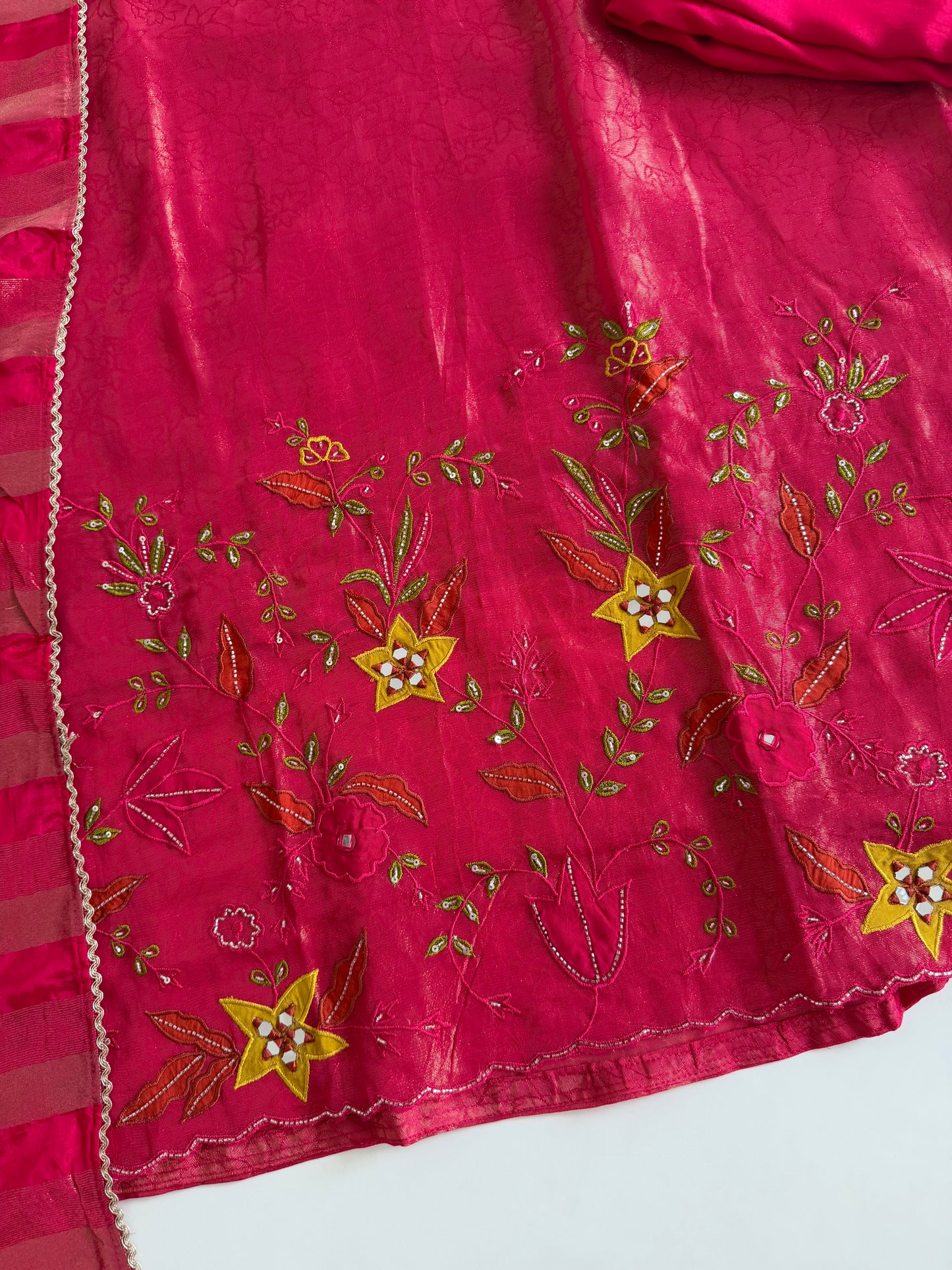 K683 - Self tissue silk handwork aline Kurti with pants and dupatta