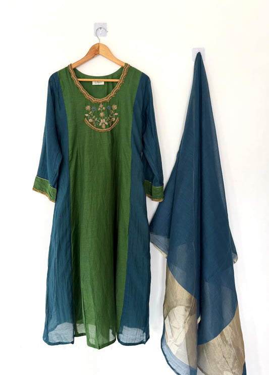 K345 - Mul chanderi handwork Anarkali with pants and dupatta
