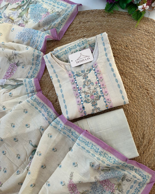 K526 - Mul cotton embroidered straight Kurti with pants and dupatta