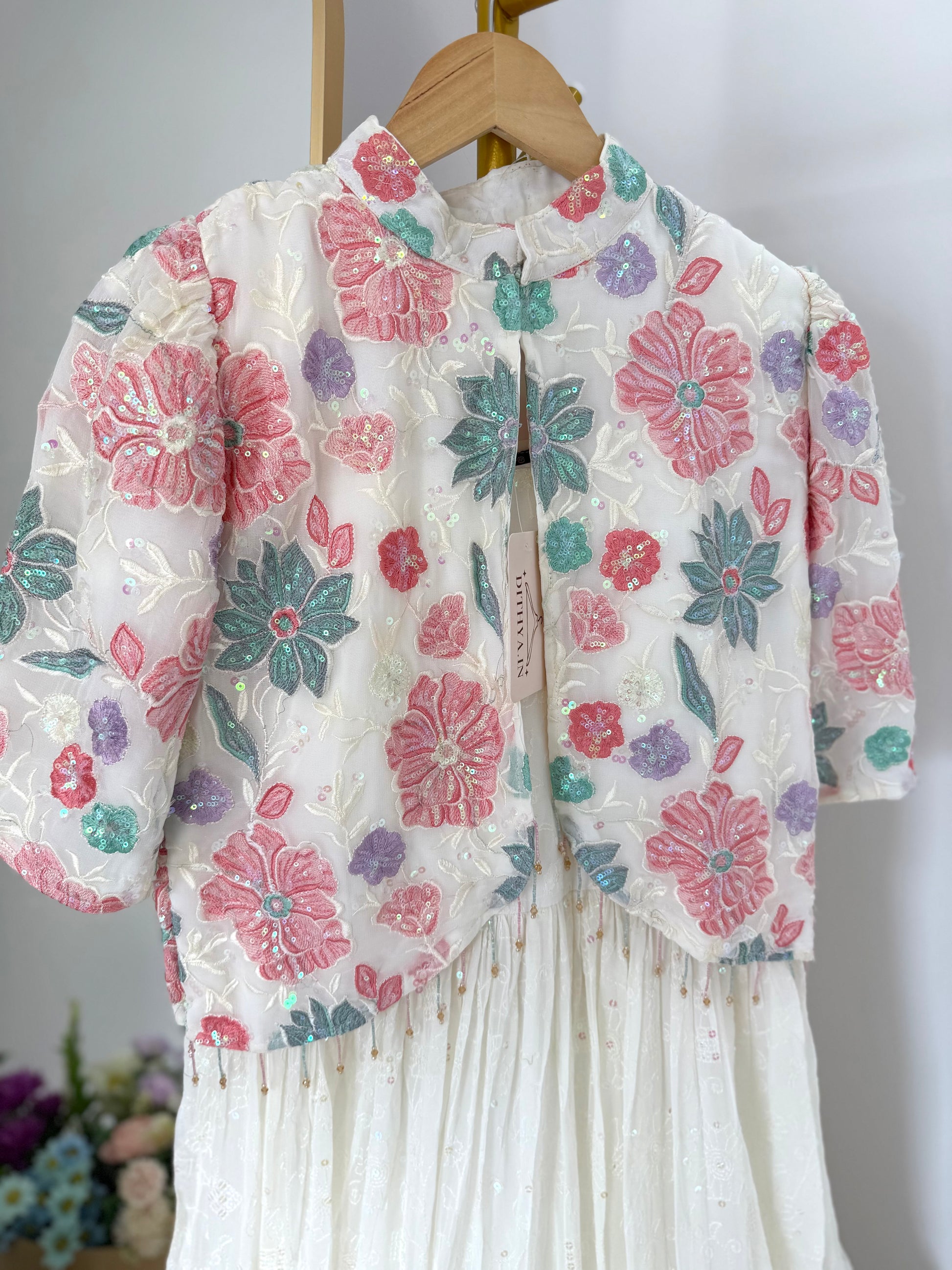 K524 Georgette Floral embroidered crop blazer with gown –