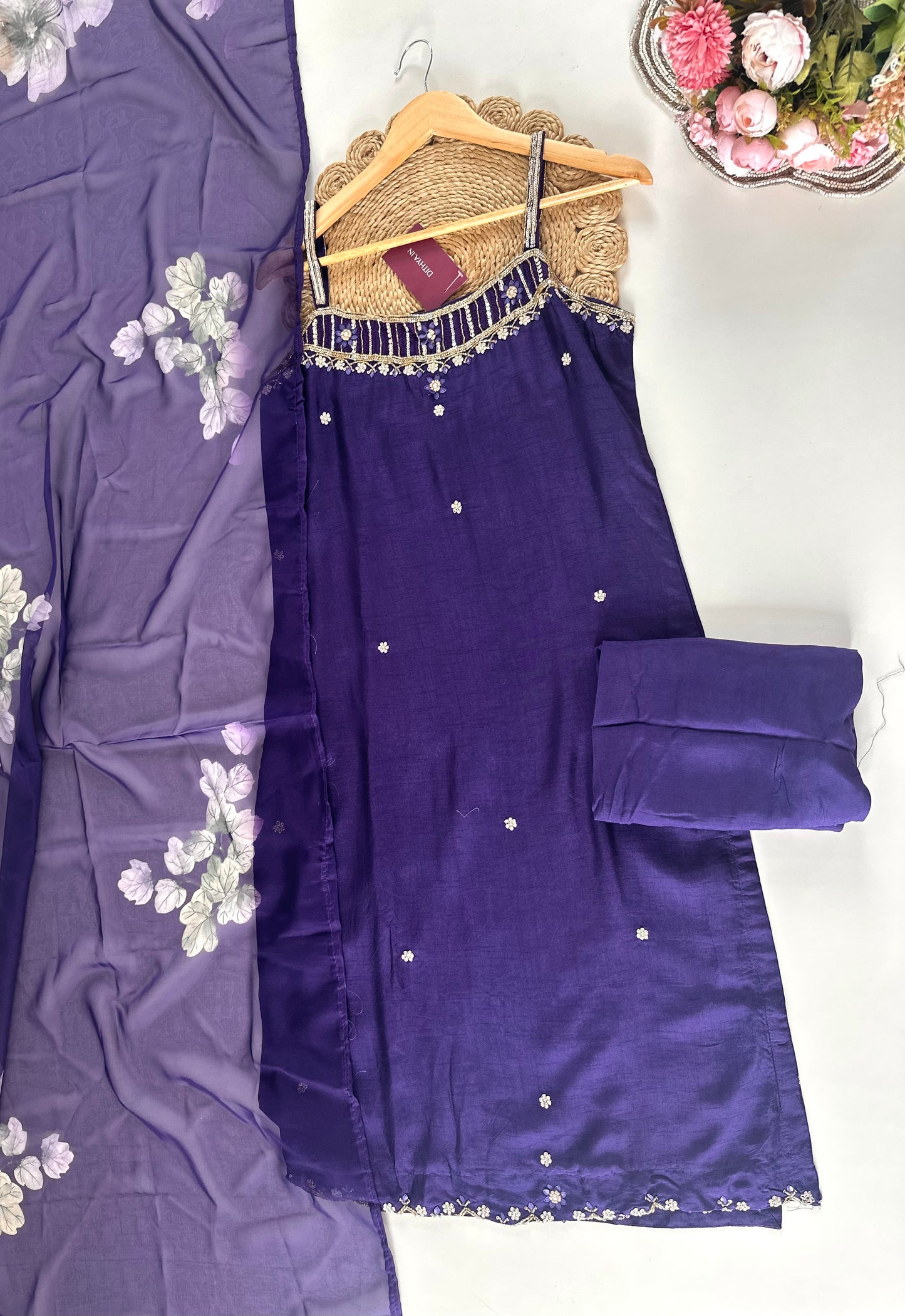 K383 - Russian silk handwork sleeveless straight kurti with pants and dupatta .