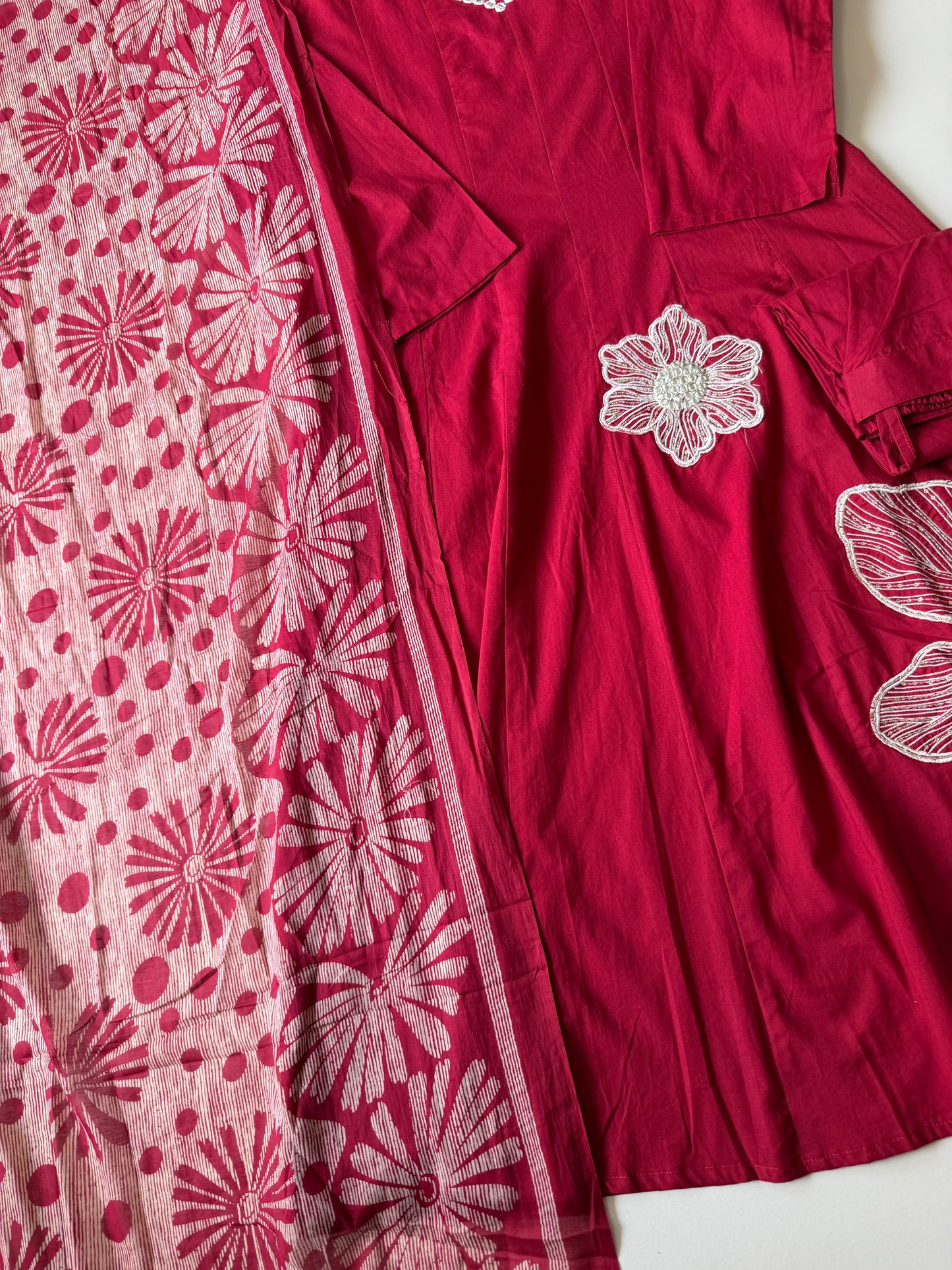 K634 - Mul cotton embroidered Anarkali with pants and dupatta