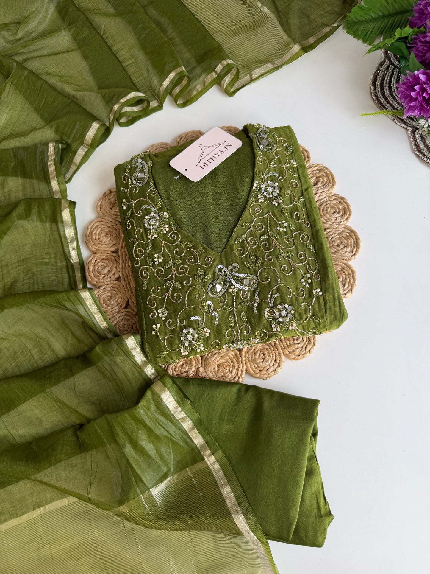 K392 - Mul Chanderi handwork Anarkali with pants and dupatta