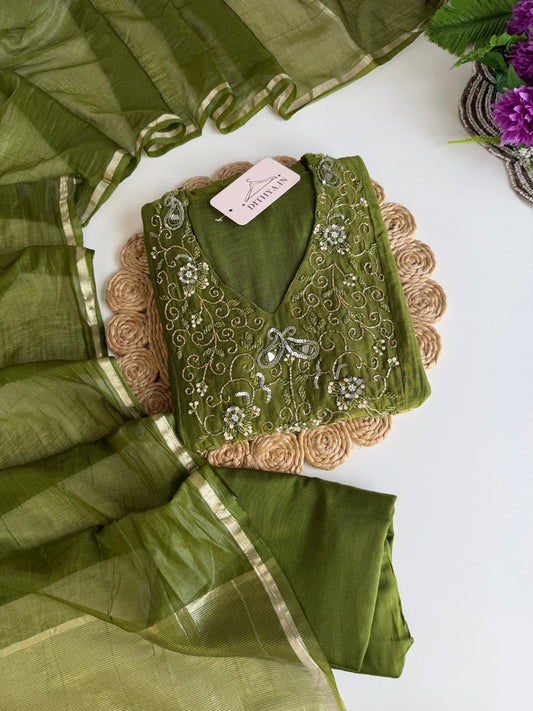 K392 - Mul Chanderi handwork Anarkali with pants and dupatta