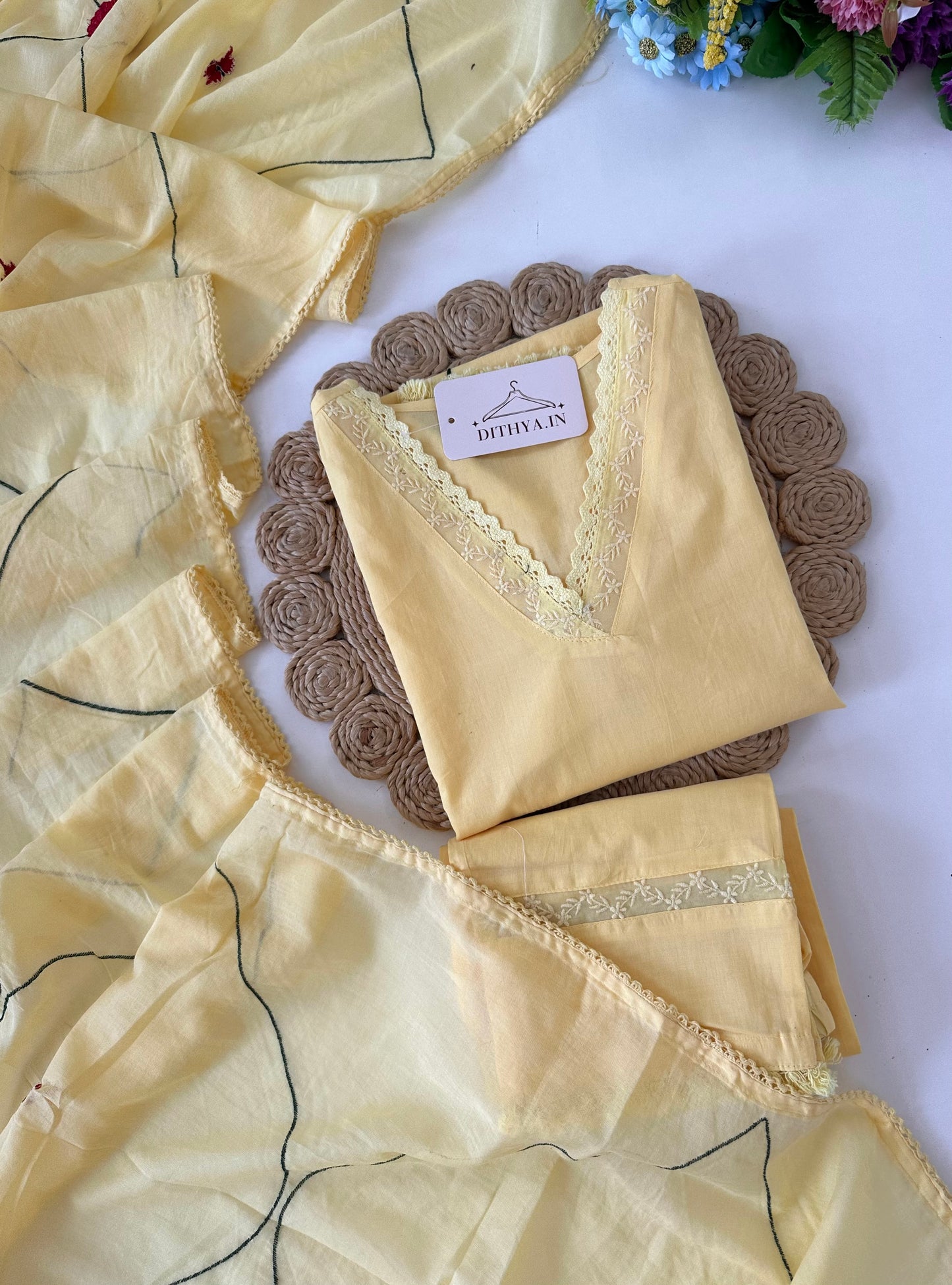 K218 - Mul cotton embroidered straight Kurti with pants and dupatta