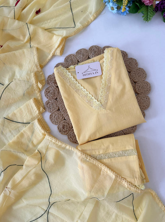 K218 - Mul cotton embroidered straight Kurti with pants and dupatta