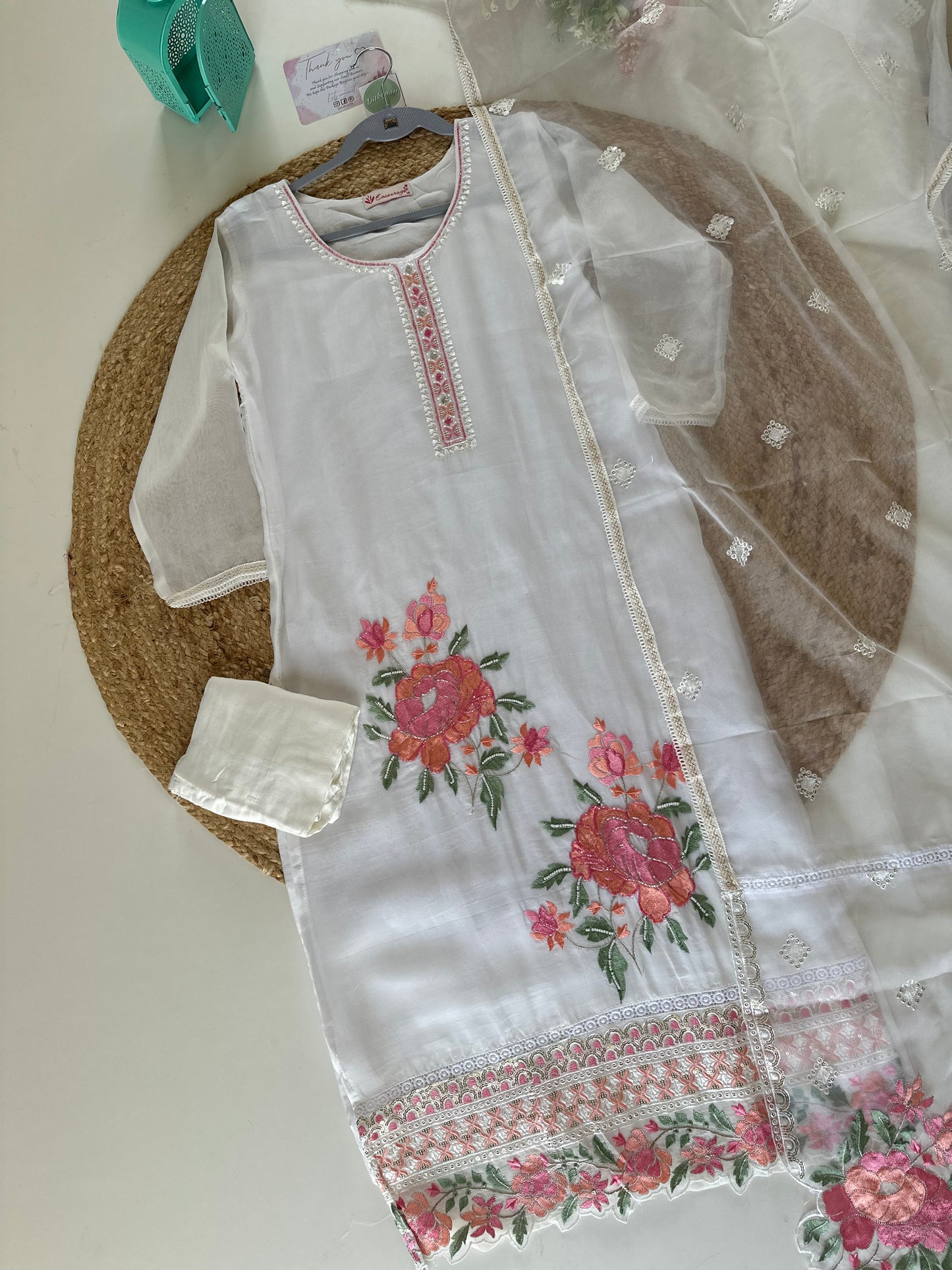 K331 - Viscose organza straight kurti with straight pants and organza dupatta.