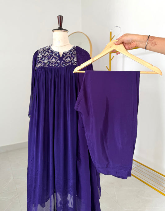 K083 - Pure Chinnon handwork Anarkali with pants and dupatta