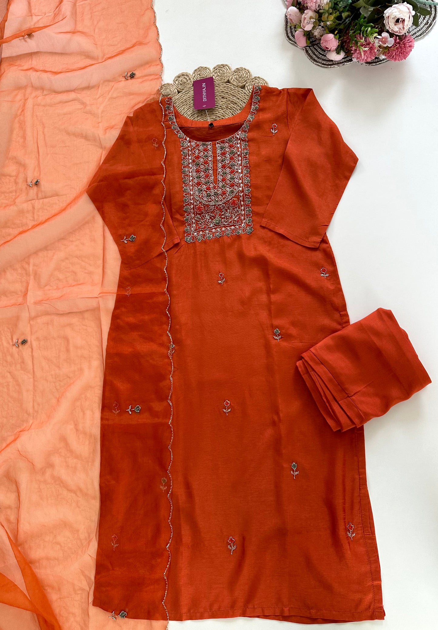 K231-Dola silk handwork straight Kurti with pants and dupatta in 2 colours