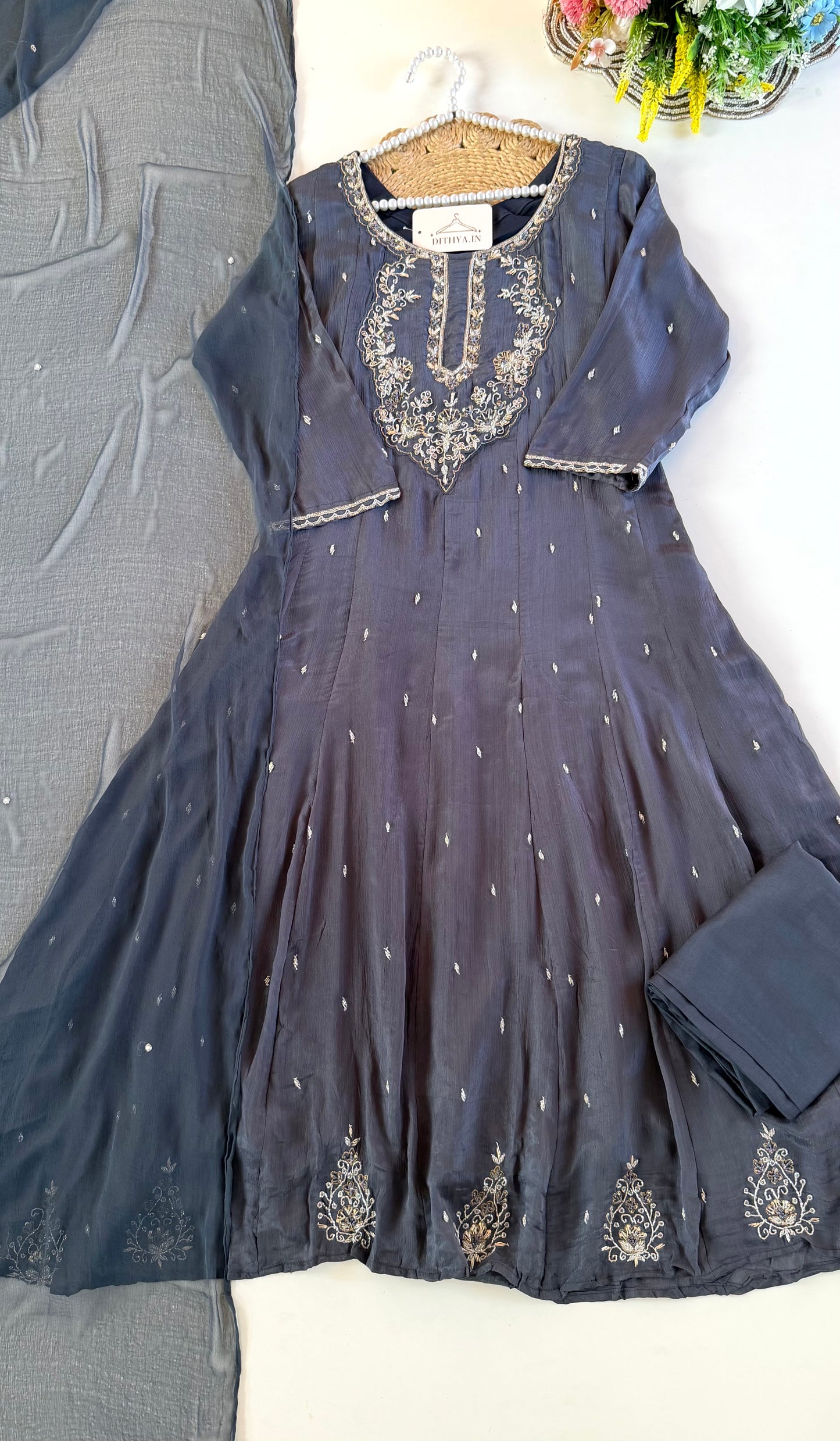 K194 - Pure Chinnon handwork Anarkali with pants and dupatta