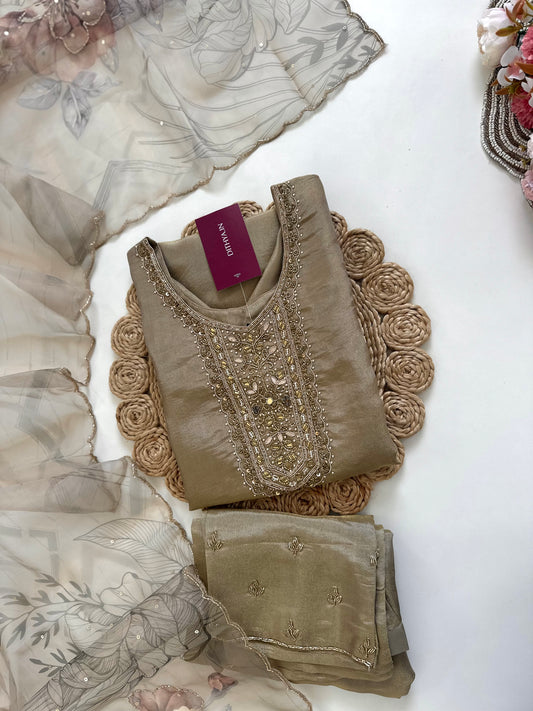 K106 - Tissue silk handwork straight kurti with pants and dupatta
