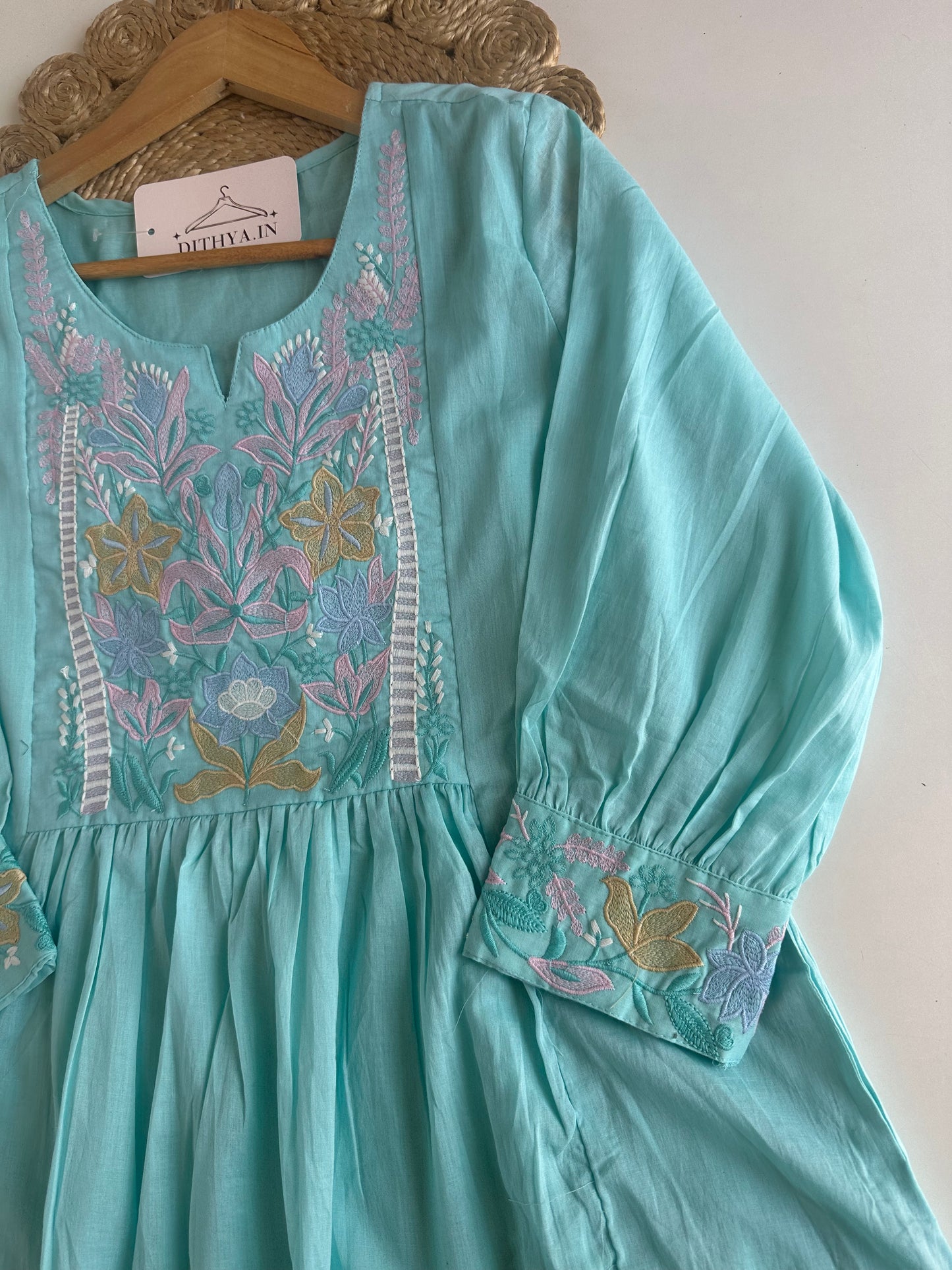 K076 - Mul cotton embroidered Anarkali with pants and dupatta