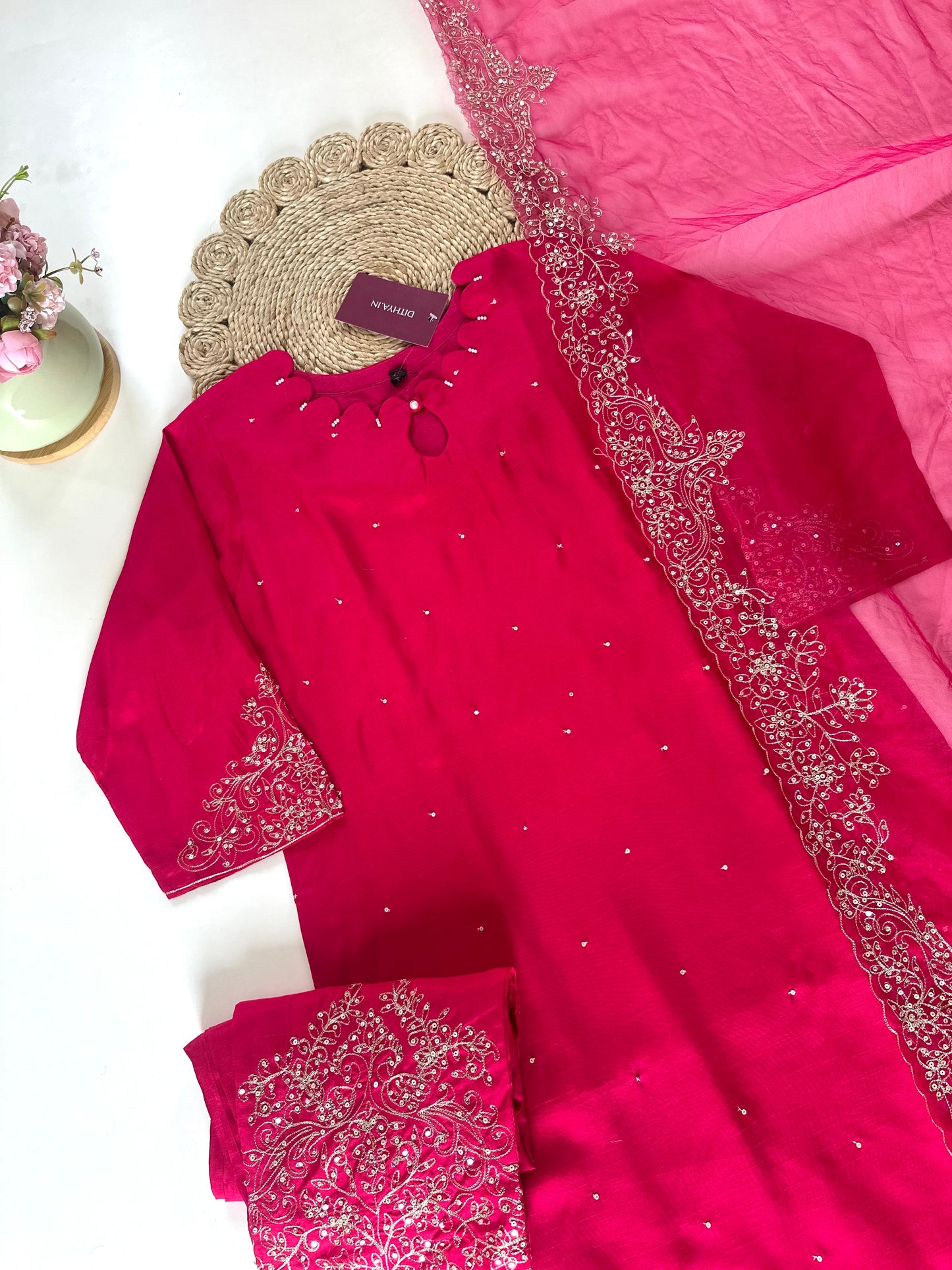 K297 - Russian silk Zari work Straight kurti with pants and dupatta.