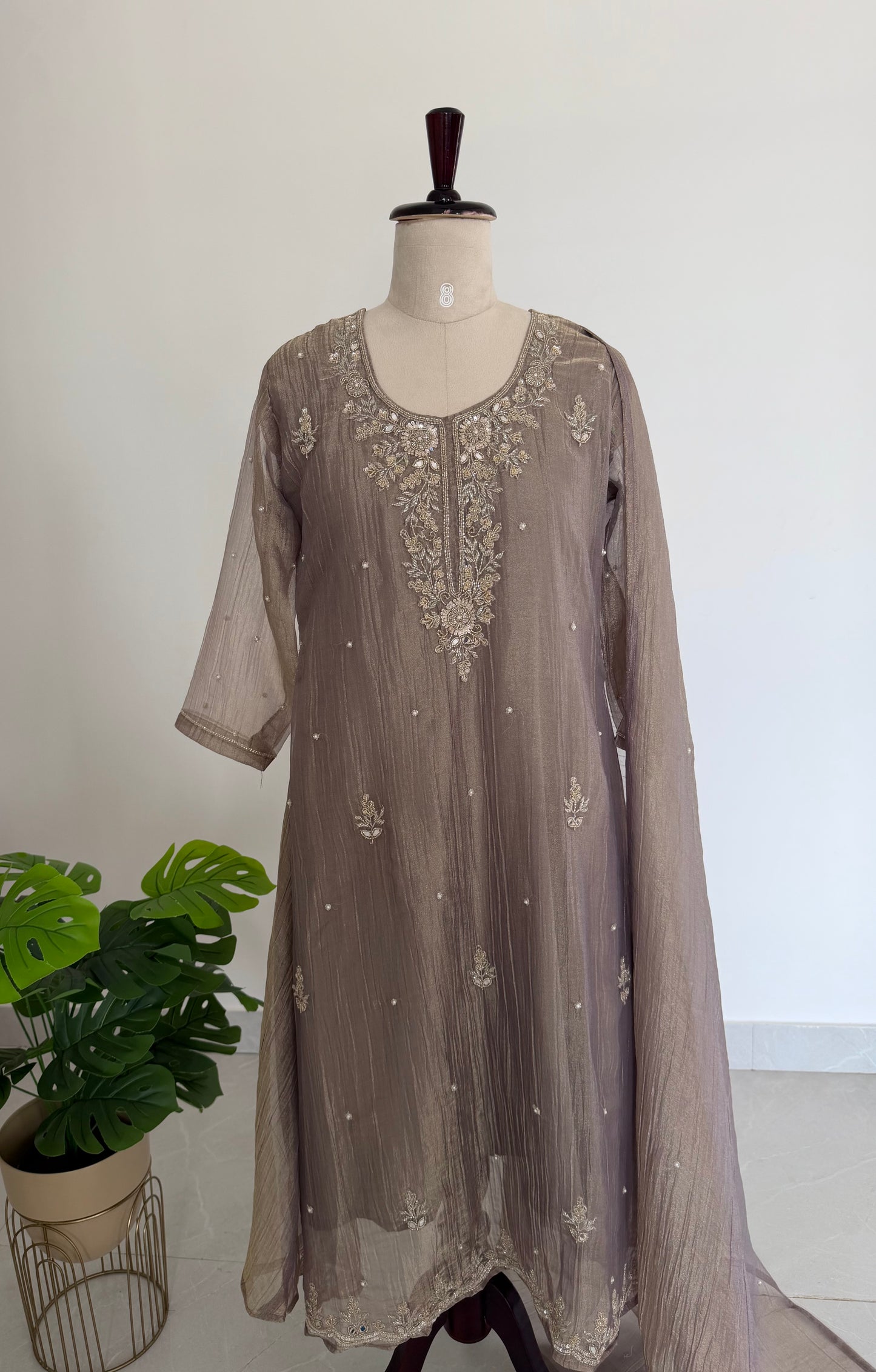 K712 - Glass crush tissue handwork Anarkali with pants and dupatta in 2 colours