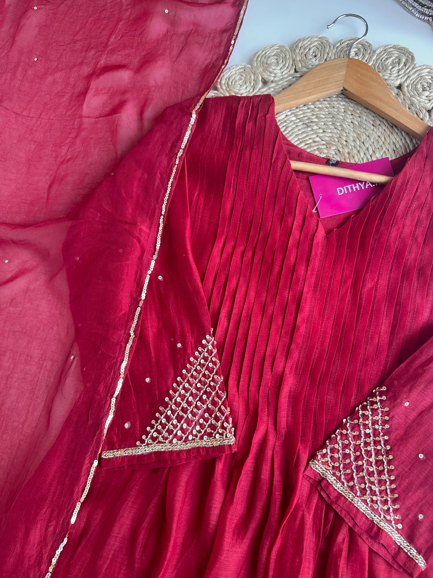 K395 - Mul Chanderi Handwork Aline Kurti with pants and dupatta