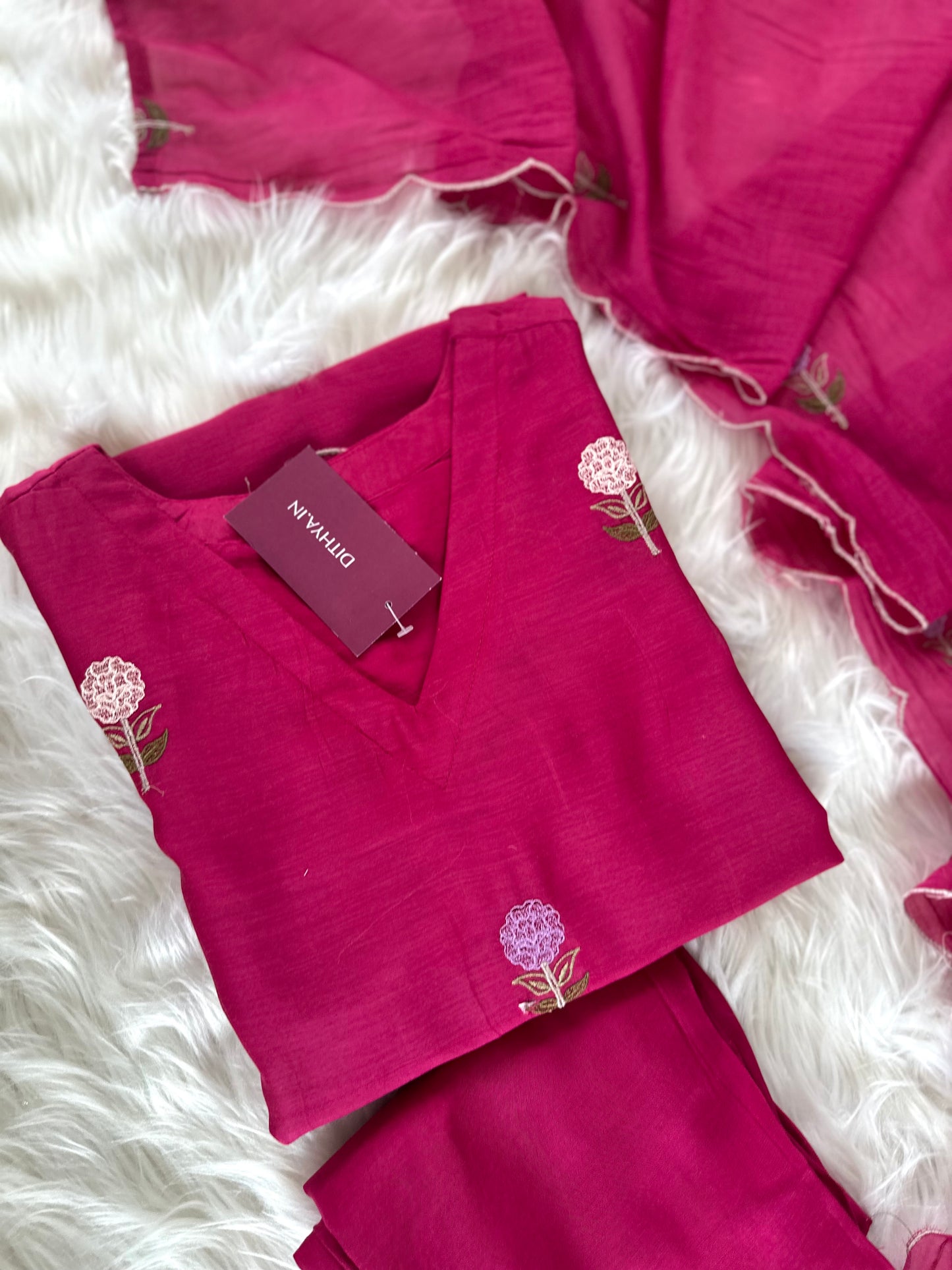 K035 - Mul Chanderi appliqué work straight Kurti with pants and dupatta