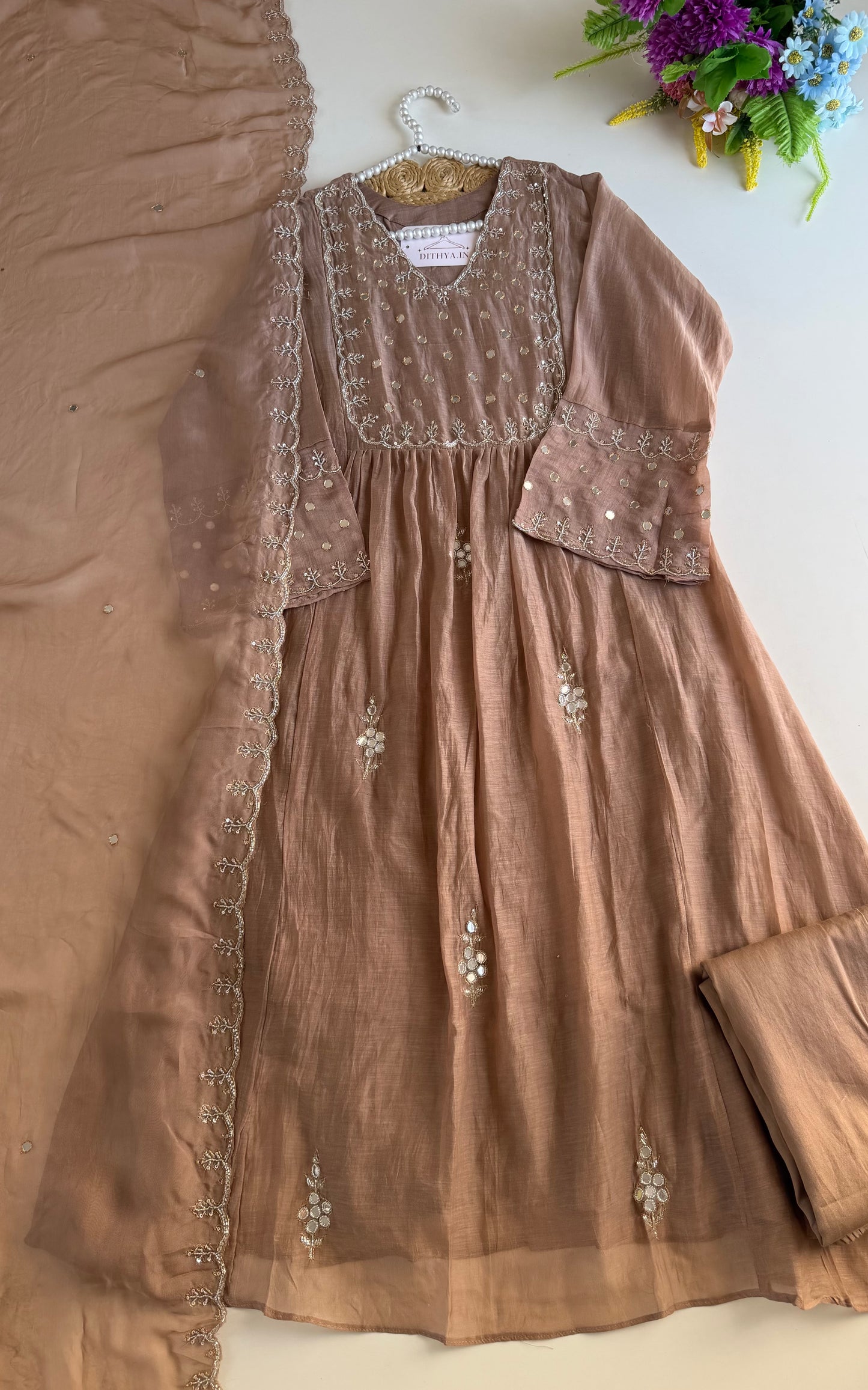 K278 - Mul chanderi mirror handwork Anarkali with pants and dupatta