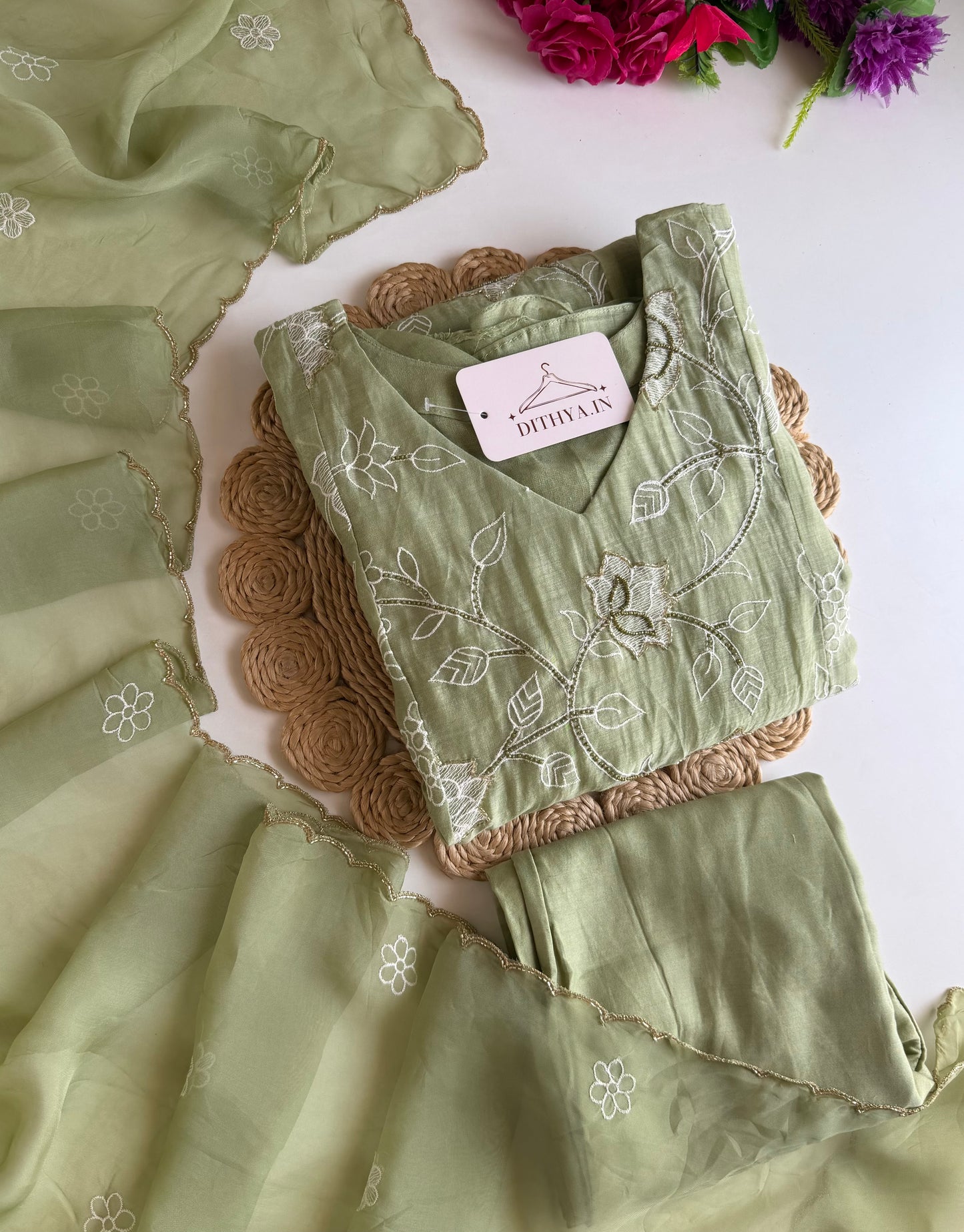 K735 - Mul chanderi embroidered Anarkali with pants and dupatta in 2 colours