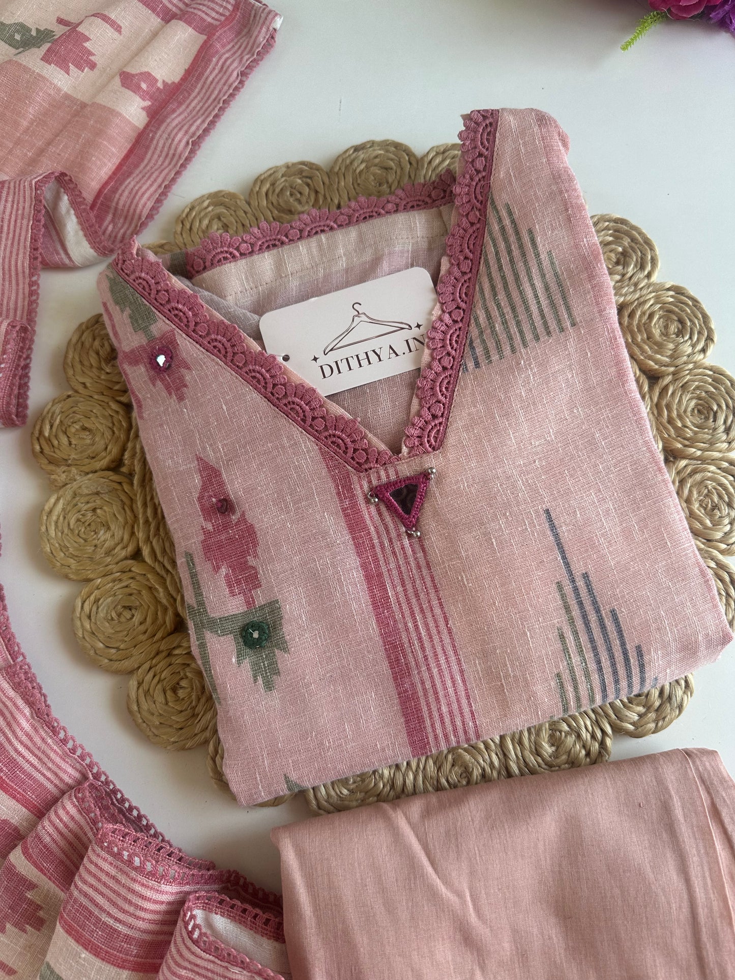 K543 - Linen embroidered straight Kurti with pants and dupatta