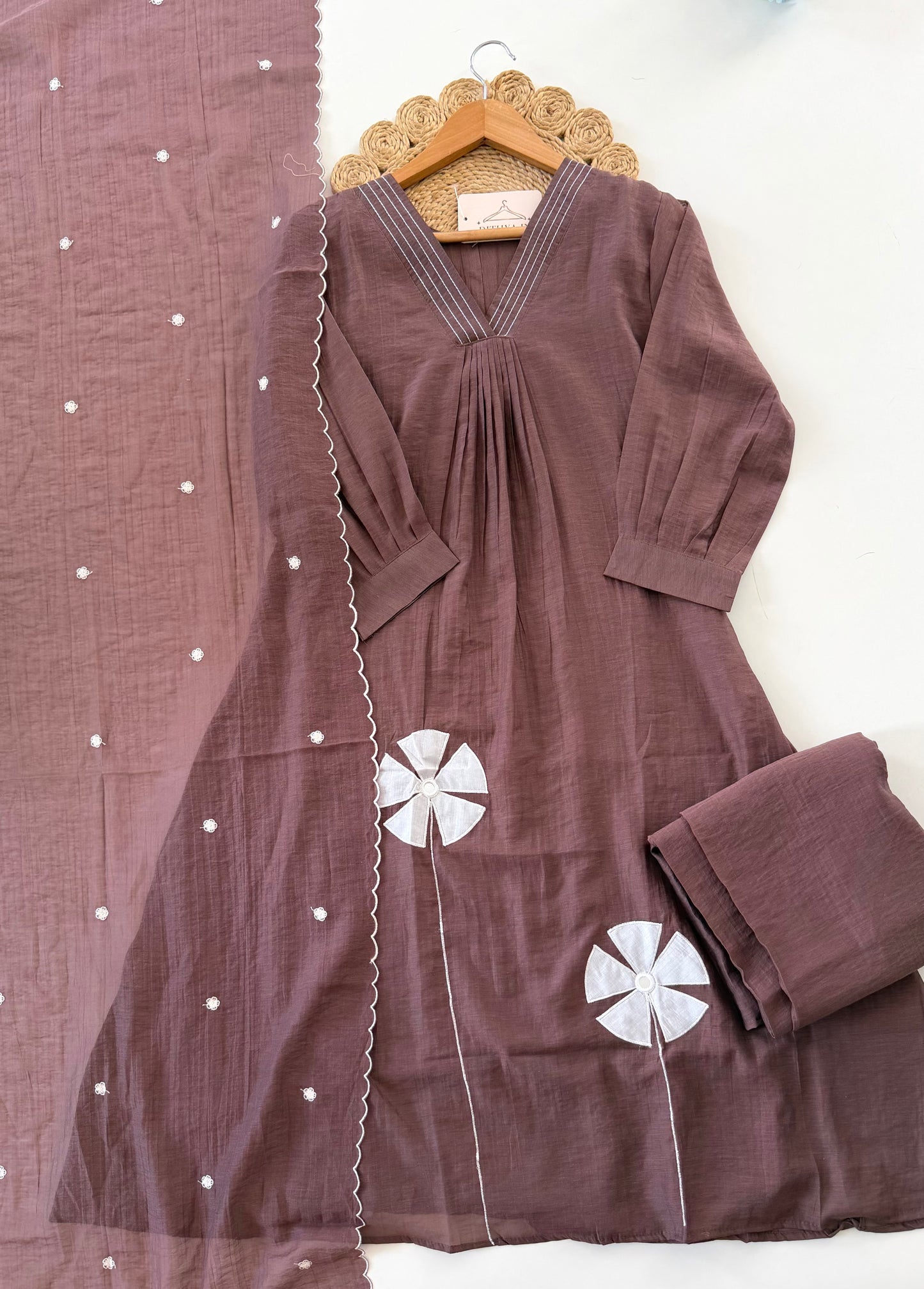 K532 - Muslin silk embroidered Aline Kurti with pants and dupatta in 2 colours