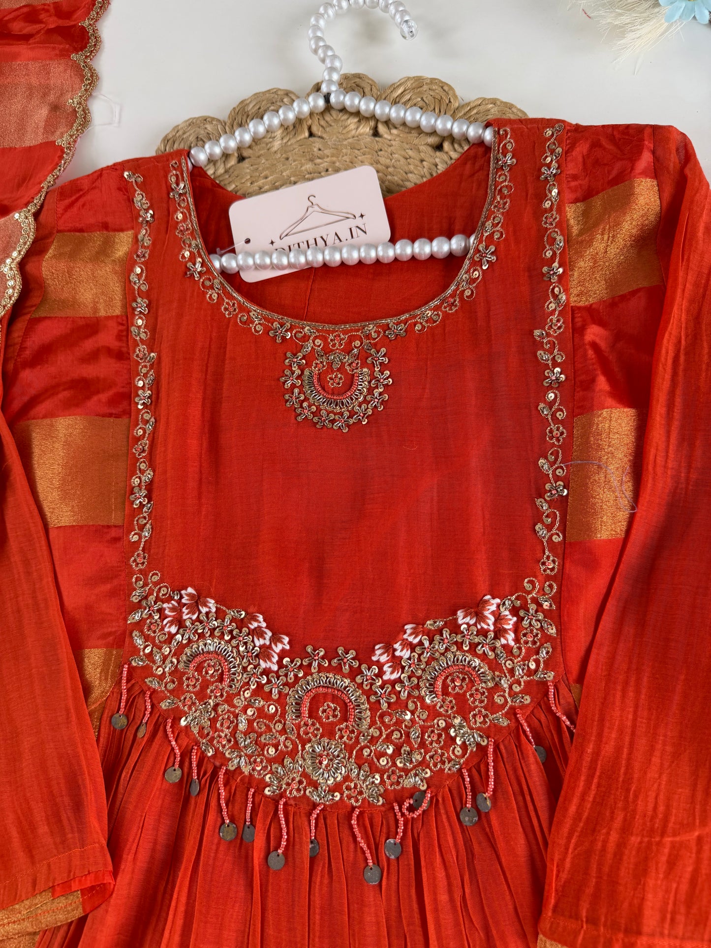 K165 - Mul chanderi handwork aline Kurti with pants and dupatta