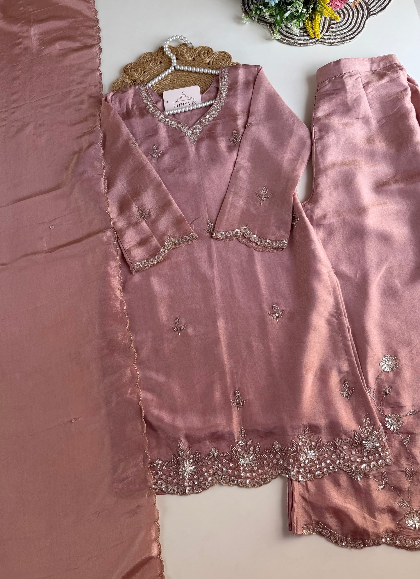 K203 - Tissue silk handwork short Kurti with divider pants and dupatta