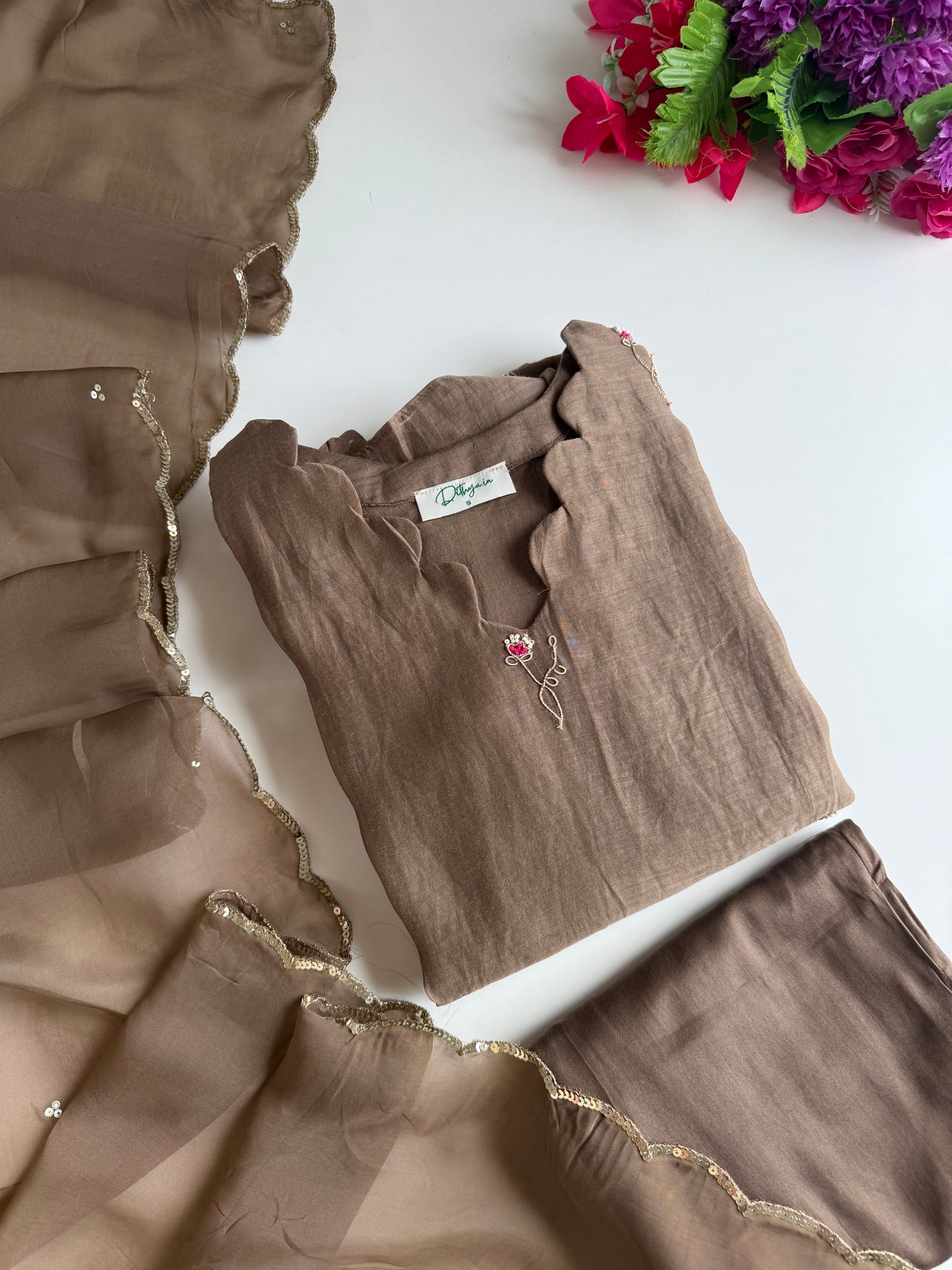 K469 - Mul chanderi handwork Aline Kurti with pants and dupatta in 2 colours